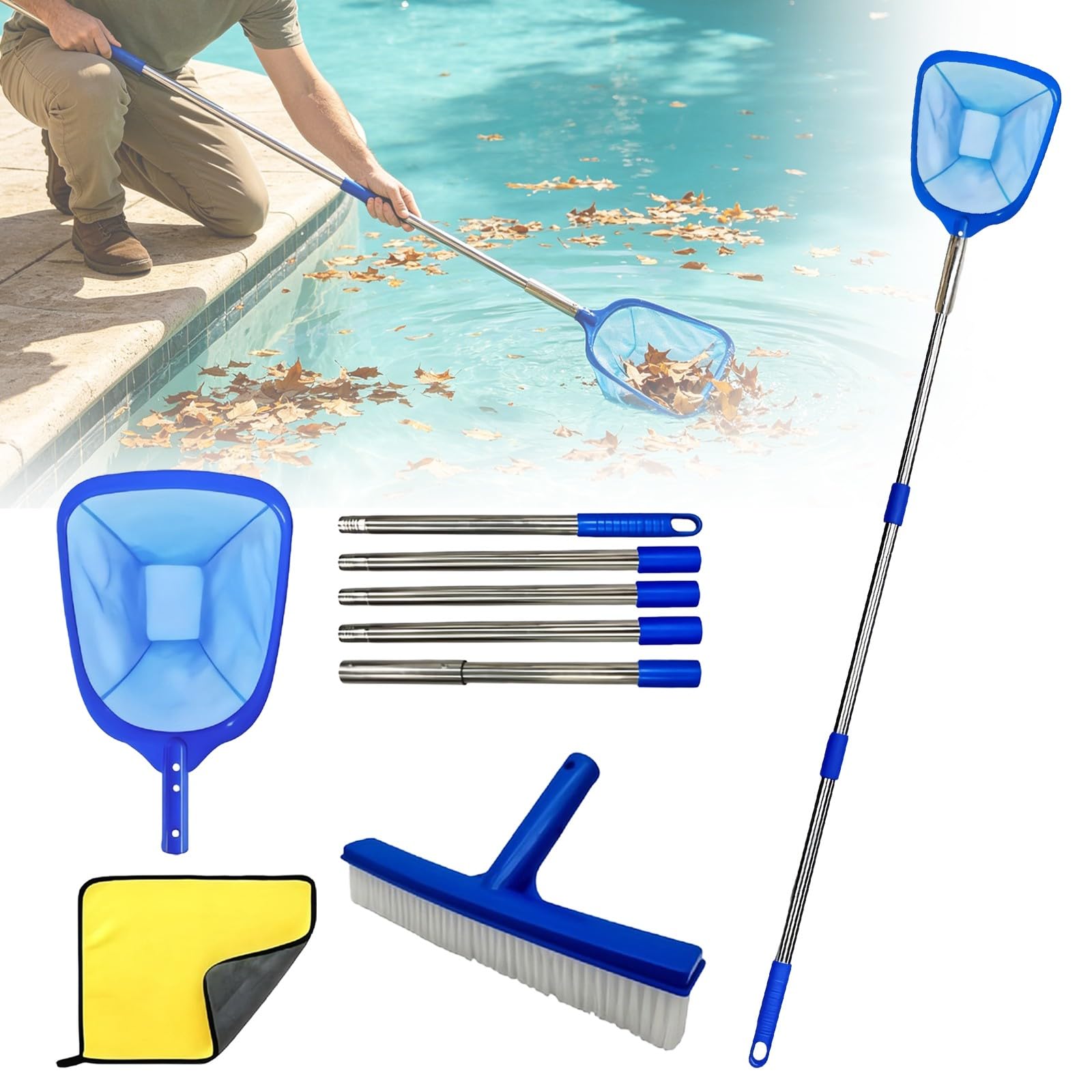 Swimming Pool Cleaning Kit, Deep Bag Skimmer Net with Wall Brush, Extendable Pole, Gloves and Bag, for In Ground Pools, Hot Tubs, Ponds and Spa and Leaves, Home Pool Maintenance Gift Set (A-145CM)