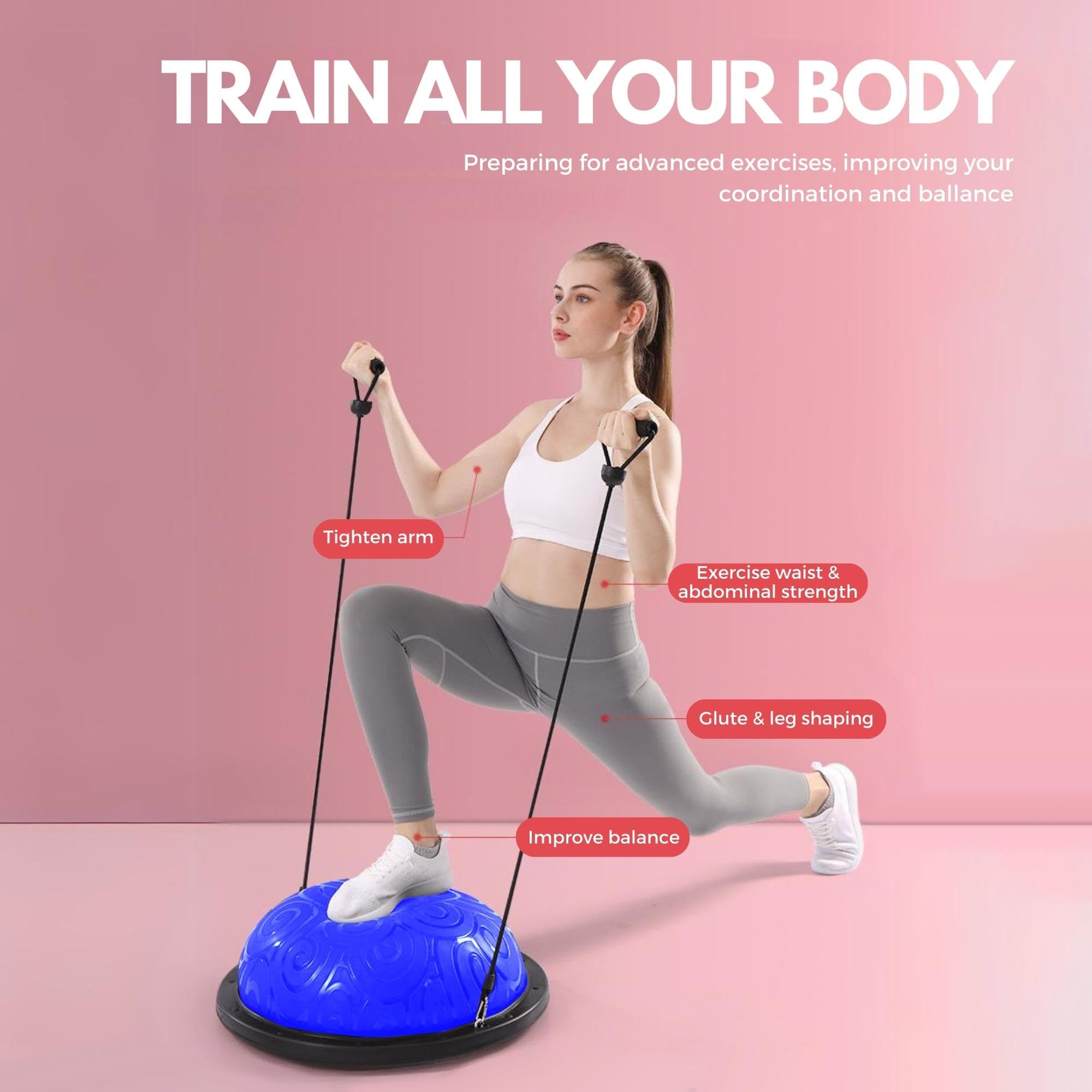 MAGIC SELECT Palla da Allenamento per l'Equilibrio. Palla Antiscivolo per Fitness, Yoga, Pilates, Allenamento della Forza con Fasce di Resistenza. Pallone Semisfera per lo Sport in Casa.
