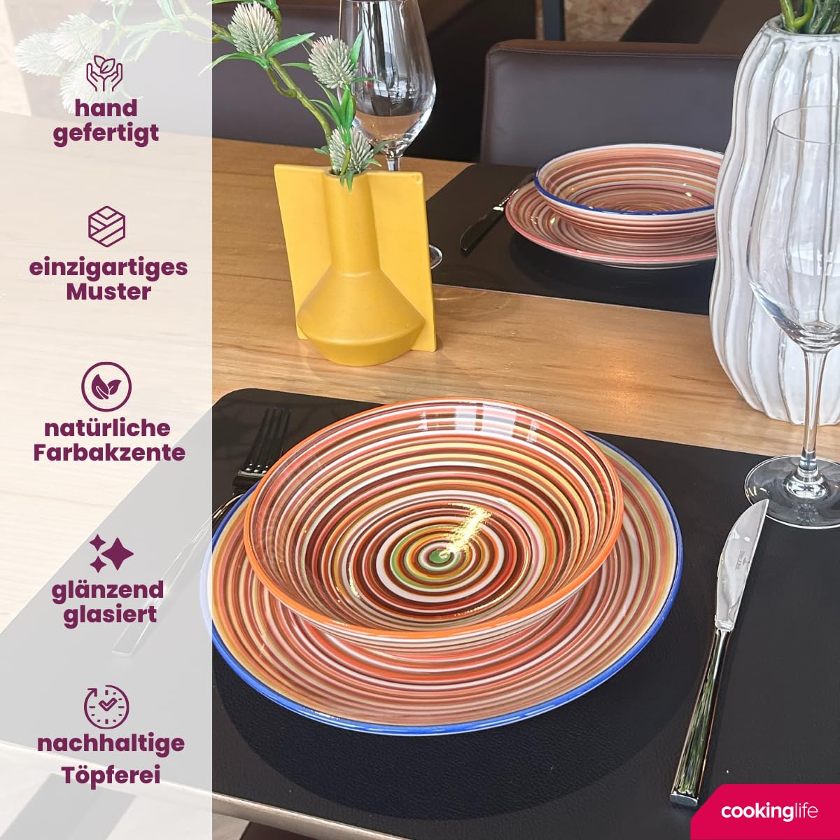 Cookinglife Geschirrset Rhythm & Lines, 18-teilig für 6 Personen, Steingut, spülmaschinen-, mikrowellen- und ofengeeignet