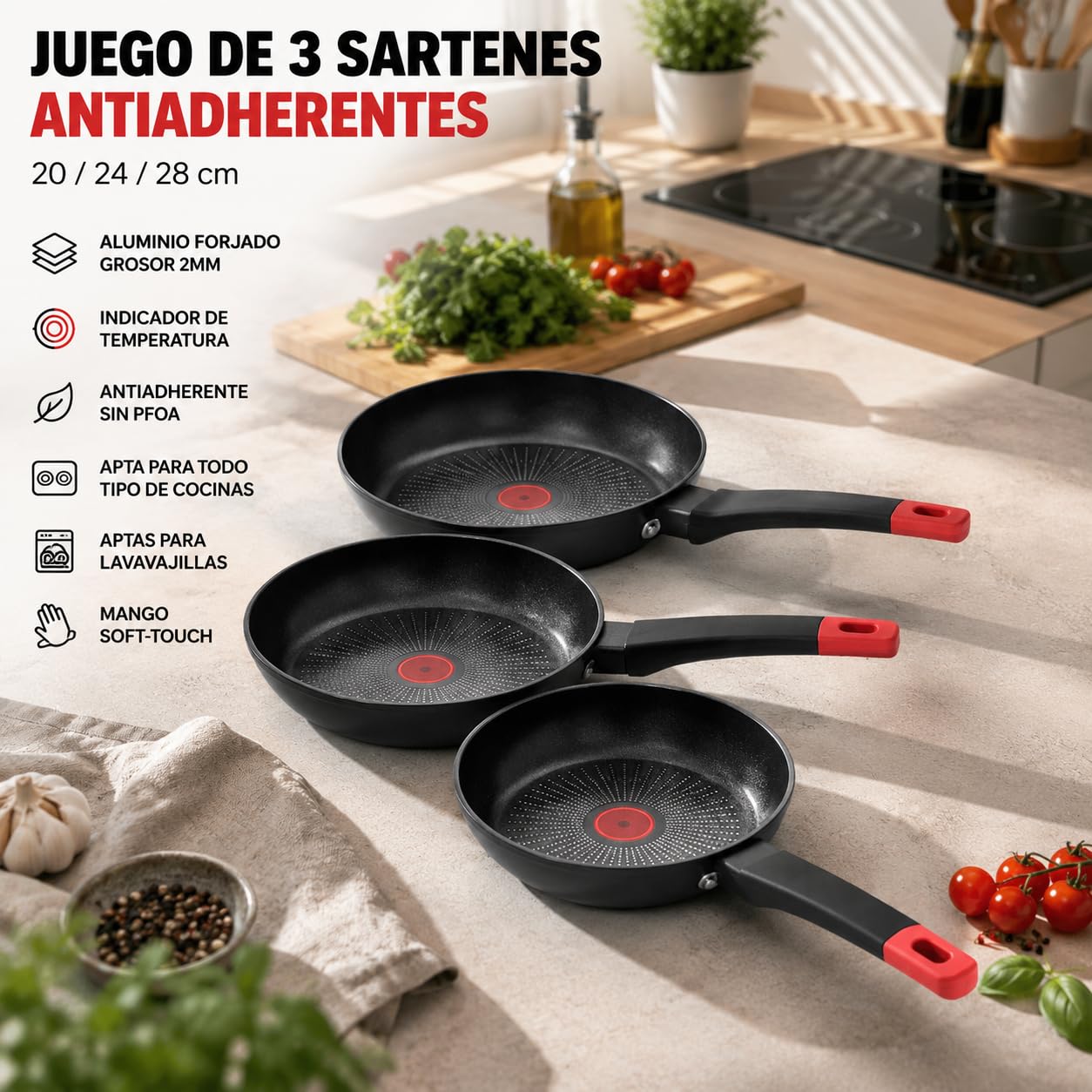 Juego de 3 Sartenes Antiadherentes 20, 24 y 28 cm para Inducción, Sin PFOA