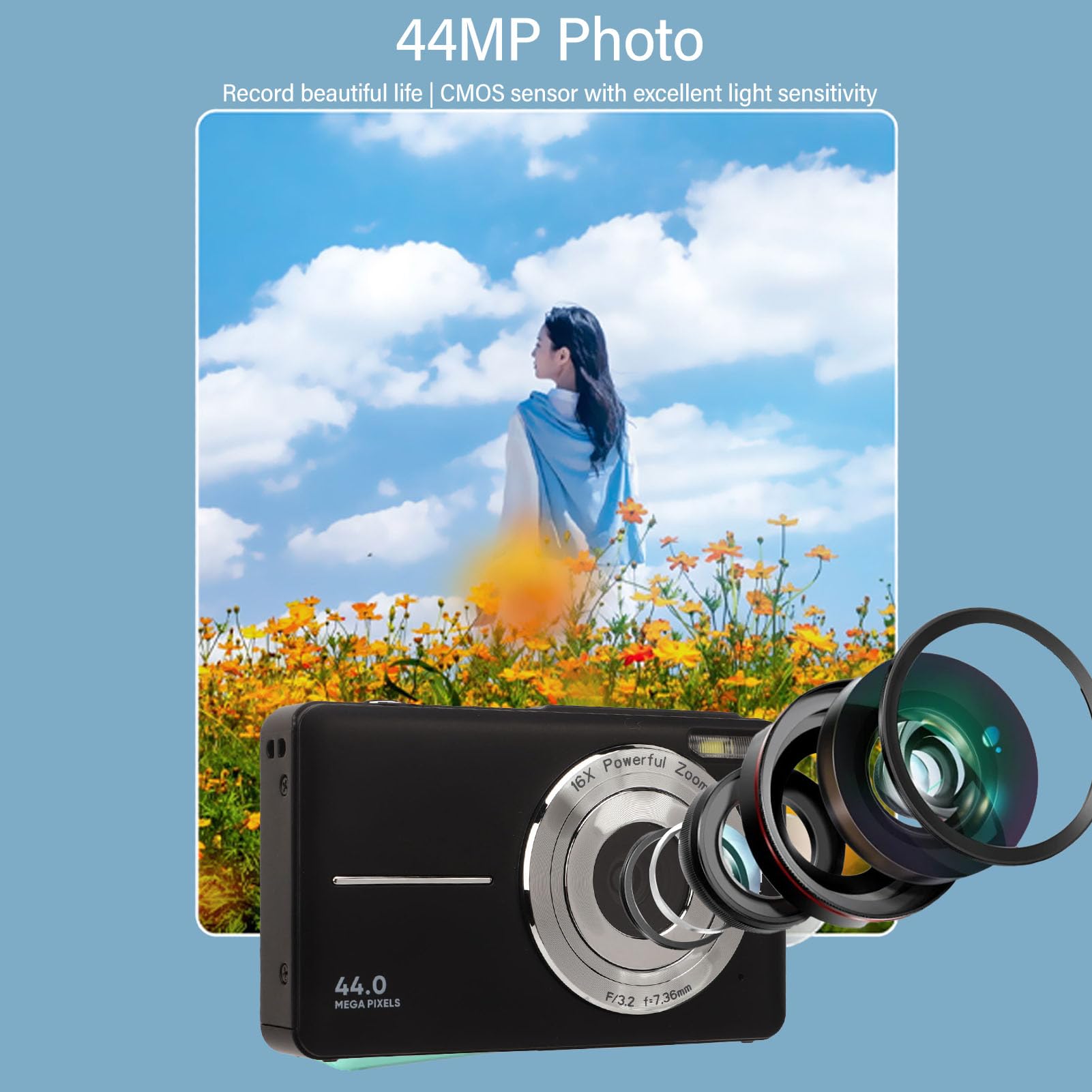 Cámara Digital de 44MP, 1080P HD 16X Zoom Digital Cámara de Vlogging con Enfoque Automático Cámara Digital de Bolsillo, Cámara de Video Inteligente HD para Fotografía Viajes