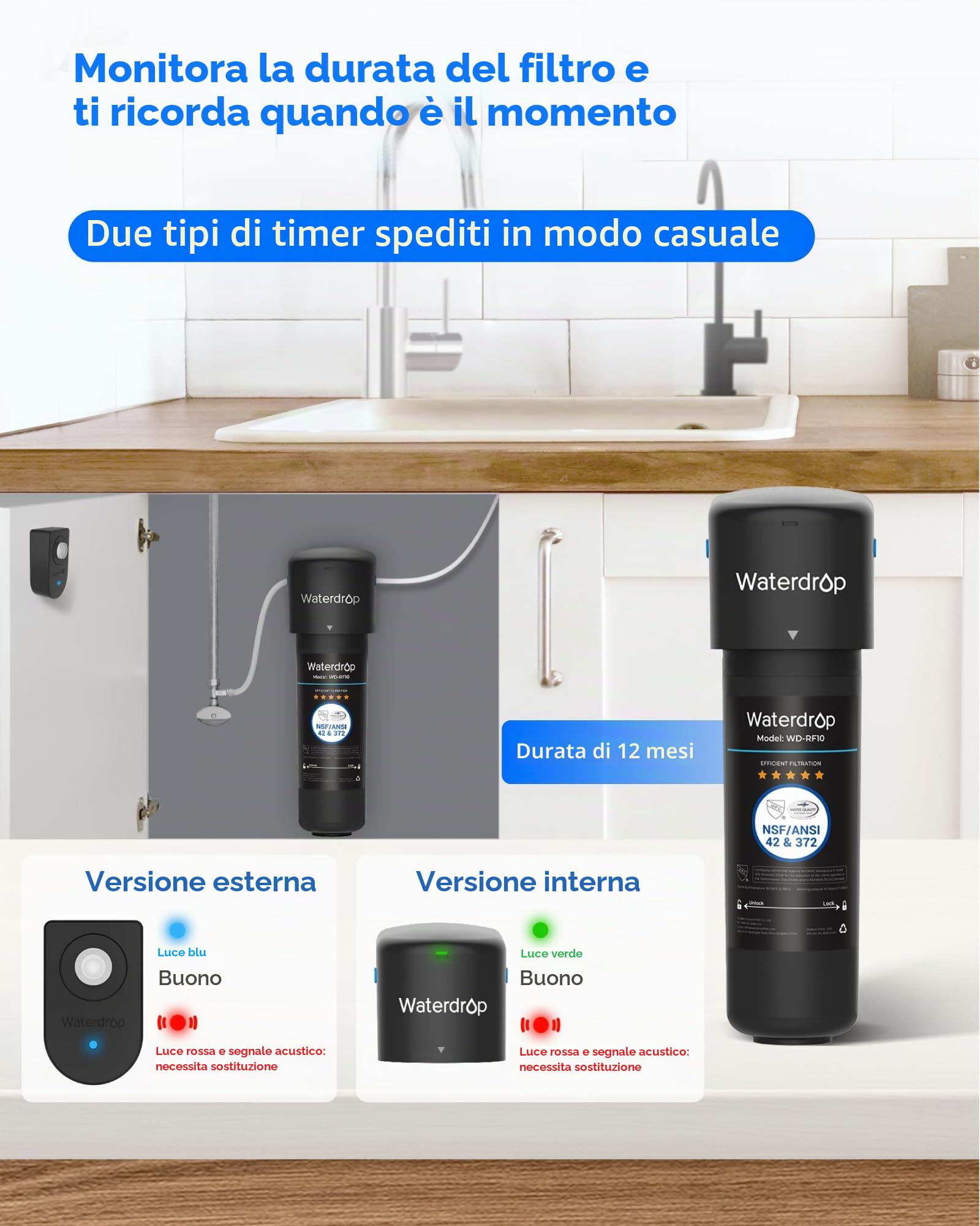 Waterdrop 10UB Filtro dell'Acqua Sistema Inferiore con Rubinetto Dedicato, NSF/ANSI 42 Certificato, 11000 Galloni ad Alto Contenuto di Cloro Capacità di Riduzione del Cloro, Tecnologia USA