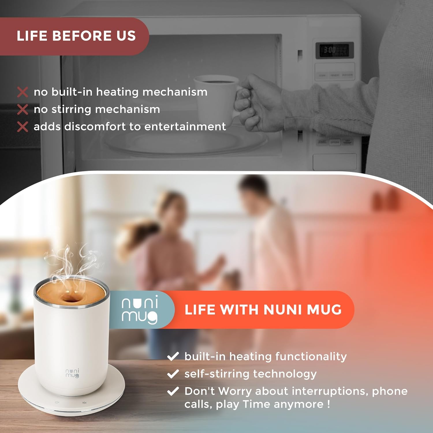 Self Stirring Coffee Mug- 10 Oz No Batteries Smart Dual Function 3 Temperature Levels Control to Stir & Heat Beverages - Powerful 12V Charger Airtight Lid bElectric Cup in a Gift Box (White)