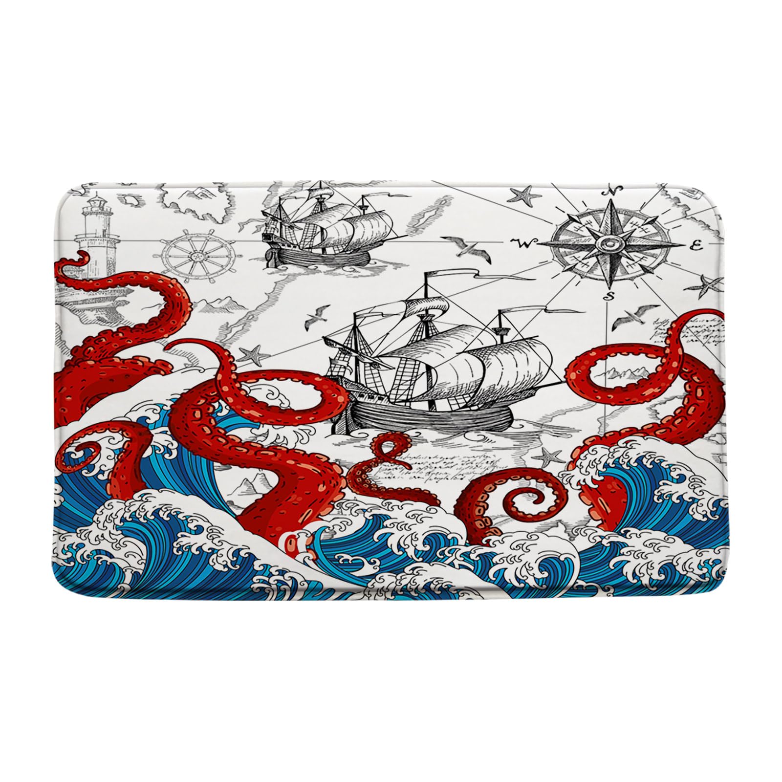 Sunhe Japanese Great Wave Bath Mat Red Octopus Tentacle Nautical Map Boat Cool Ocean Animal Vintage 16