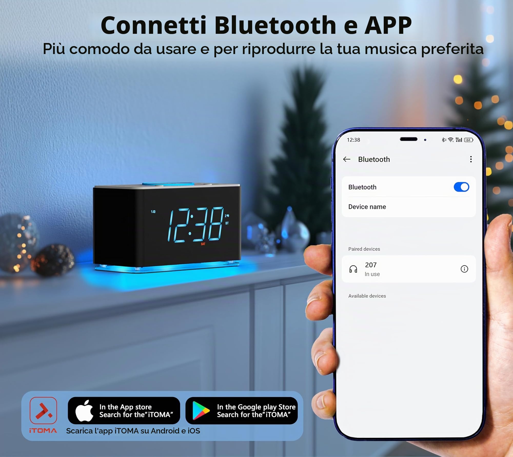 iTOMA Radiosveglia con caricabatterie wireless da 15 W, controllo tramite APP, radio FM, Bluetooth, due porte di ricarica, snooze, dimmer automatico-manuale, luce notturna 207A