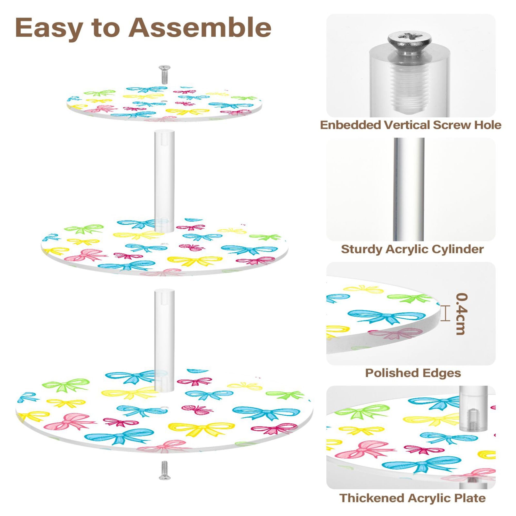 PYBUG Colored Bows 3 Tier Acrylic Cupcake Stands Tower,Dessert Table Display Set for Tea Party,Wedding,Birthday, Baby Shower