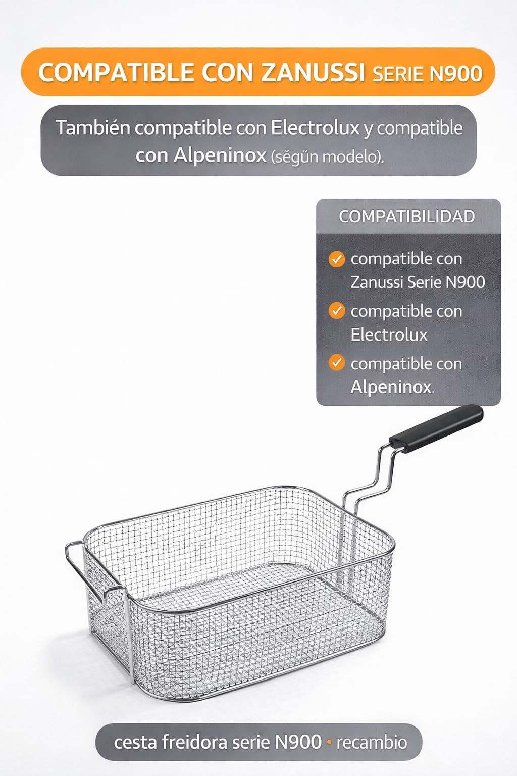 RO Linea Blanca ® Cesta Freidora 225x325x120mm Acero Cromado Recambio Profesional Compatible Con Zanussi Serie N900 Compatible Con Electrolux Compatible Con Alpeninox Repuesto Para Freidora Gas N900