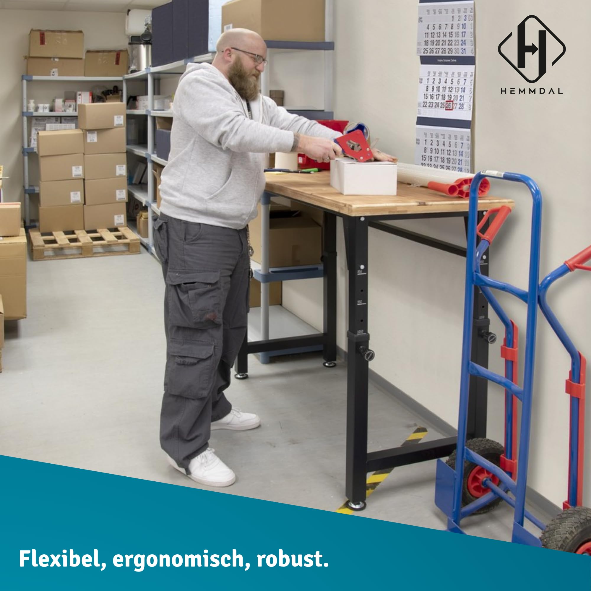 HEMMDAL Werkbank | 200 kg Tragkraft | HxBxT 105 x 135 x 60 cm | 3,5 cm Starke geölte Holzplatte | höhenverstellbar | hochrobust aus pulverbeschichtetem Stahl | Profi-Arbeitstisch | Werktisch