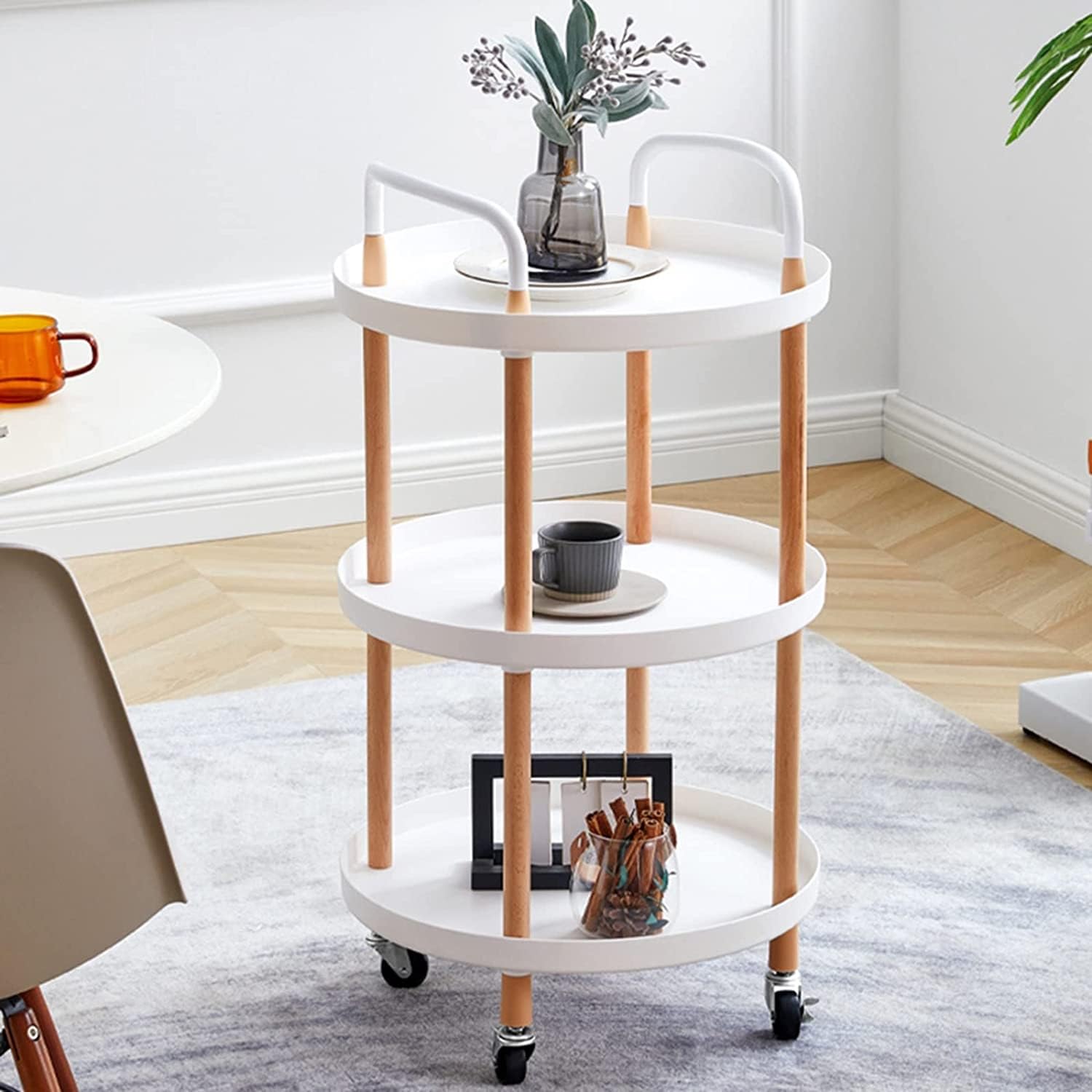 Mesa de centro rodante de 2 niveles con carrito de cocina redondo Sto para uso lateral del sofá, decoración portátil de comedor, moderna mesa auxiliar pequeña, multifuncional, para sala de estar