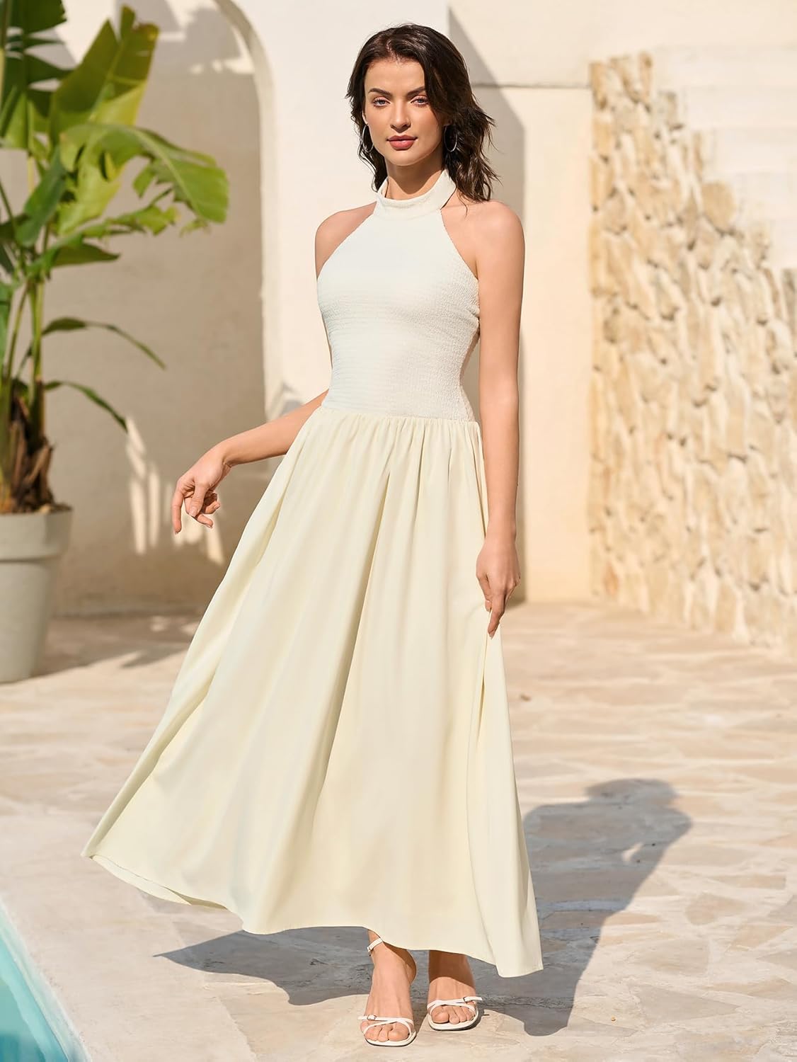 HTZMO Women Fall Knit Flowy Wedding Guest Maxi Dresses Sexy Backless Halter Neck Patchwork Cocktail Party Long Dress - Image 3