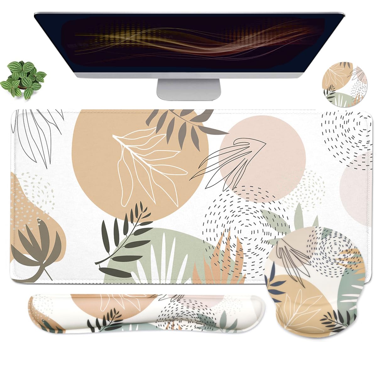 4-in-1 Gaming Mouse Pad Wrist Support Set，Desk Pad + Mouse Pad with Wrist Rest + Keyboard Wrist Rest + Coaster, Ergonomic Design for Home Office Study