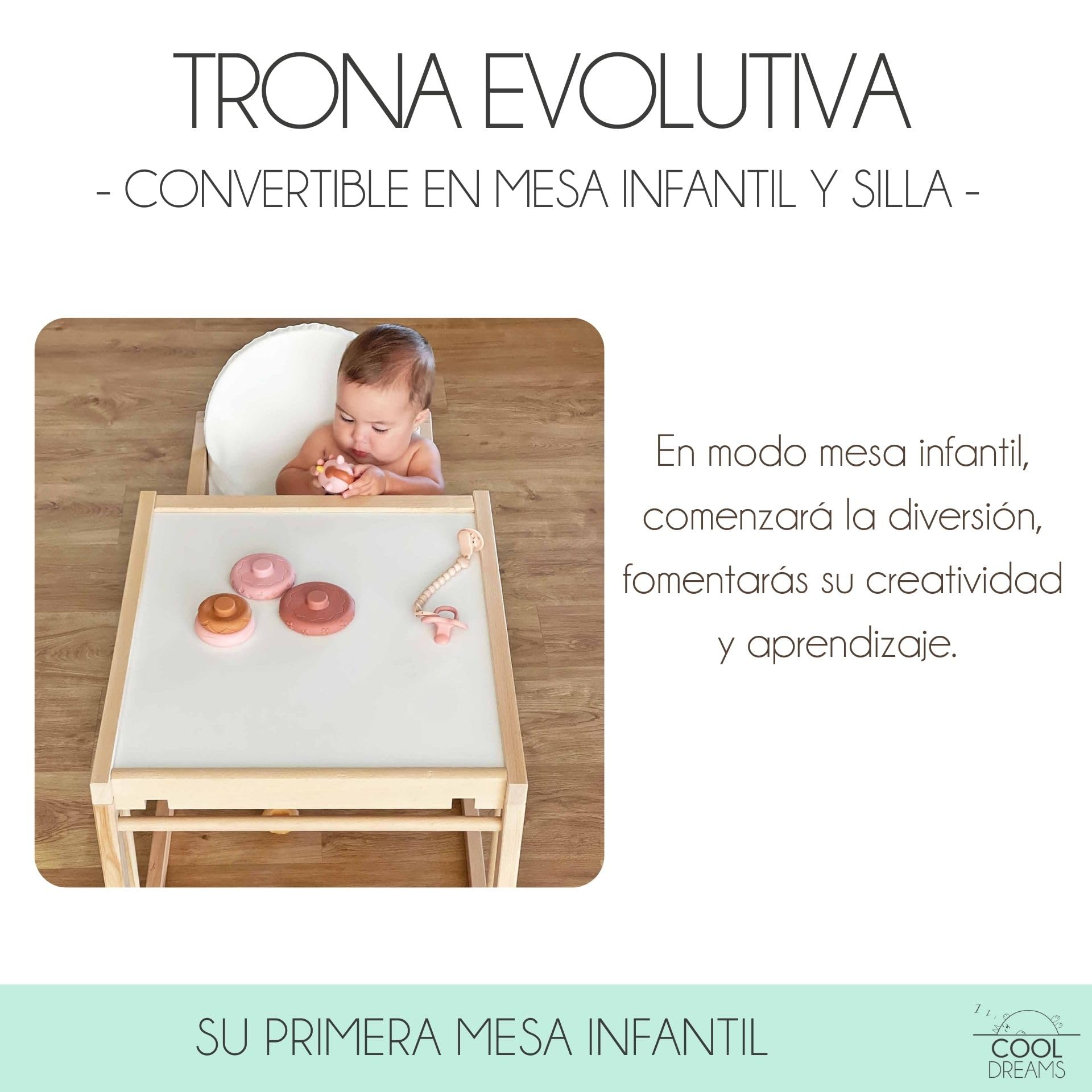 Trona evolutiva para bebé portátil de madera Evoluonge, convertible en silla y mesa infantil para comer, dibujar y jugar, segura, con asiento acolchado impermeable CoolDreams