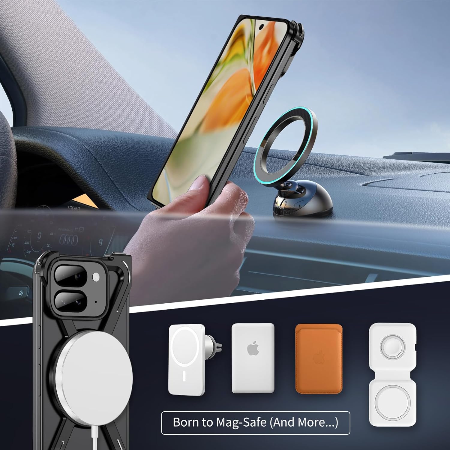 Magnetic Frameless Case for Google Pixel 9 Pro Fold 8 2024, 360 Rotatable Kickstand Slim Metal Armor Protective Cover - Black