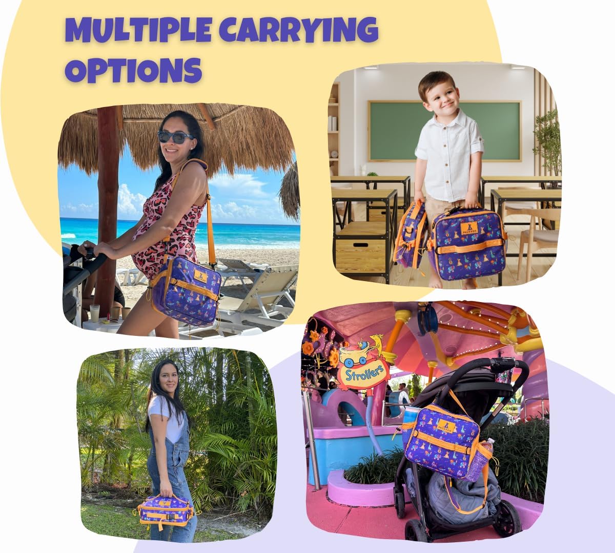 Kids Lunch Bag with Name Tag - Expandable, Insulated Lunch Bag for School & Daycare; Holds Lunch box, Water Bottle & Snacks; Waterproof & Multiple Zippered Pockets (Animals)