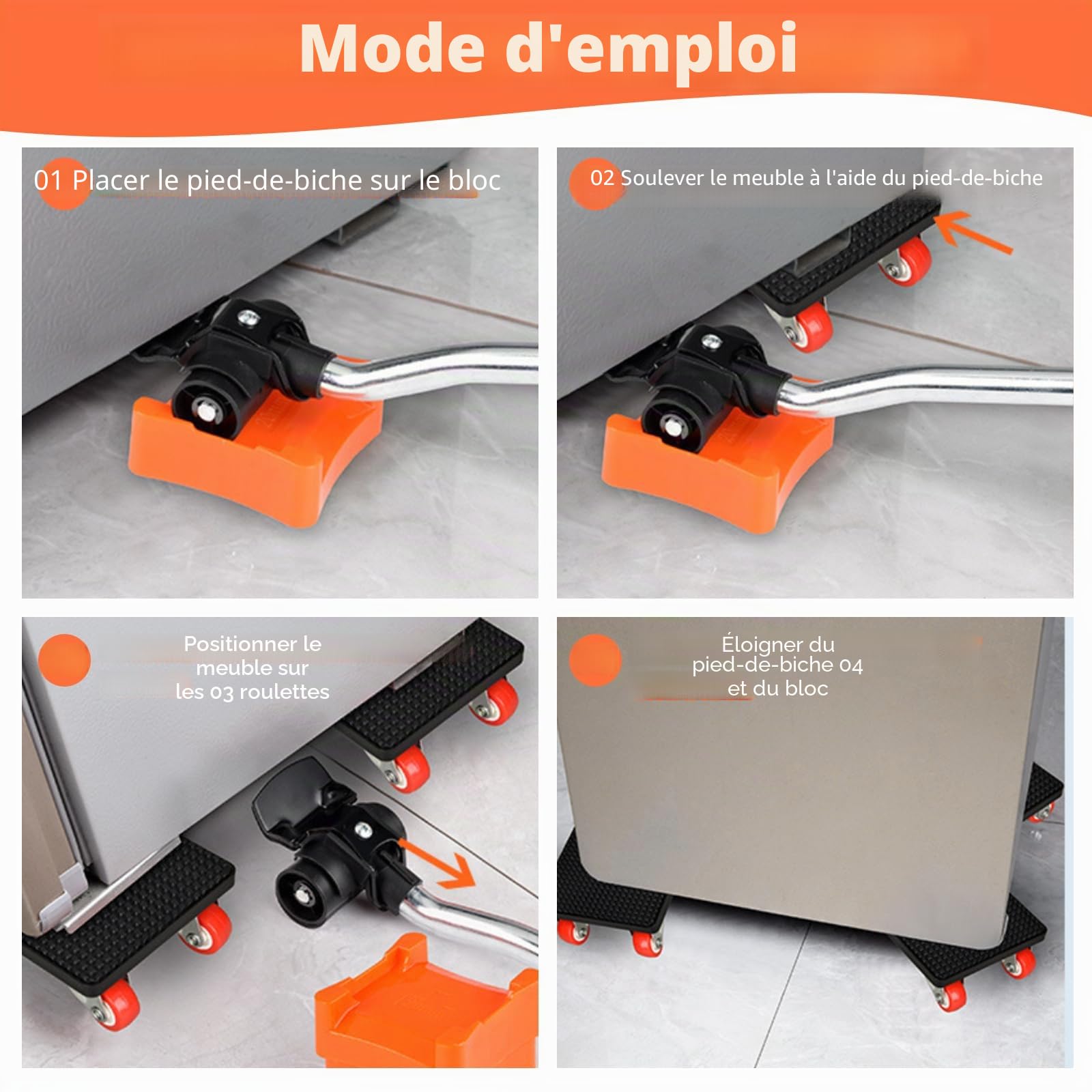 Leve Meuble Lot de 9 Pièces avec Barre d'Extension 32 cm, 4 Blocs de Levage, Charge Maximale 500 kg, 4 Roues Rotatives à 360°, Kit pour Déplacement Meubles Lourds