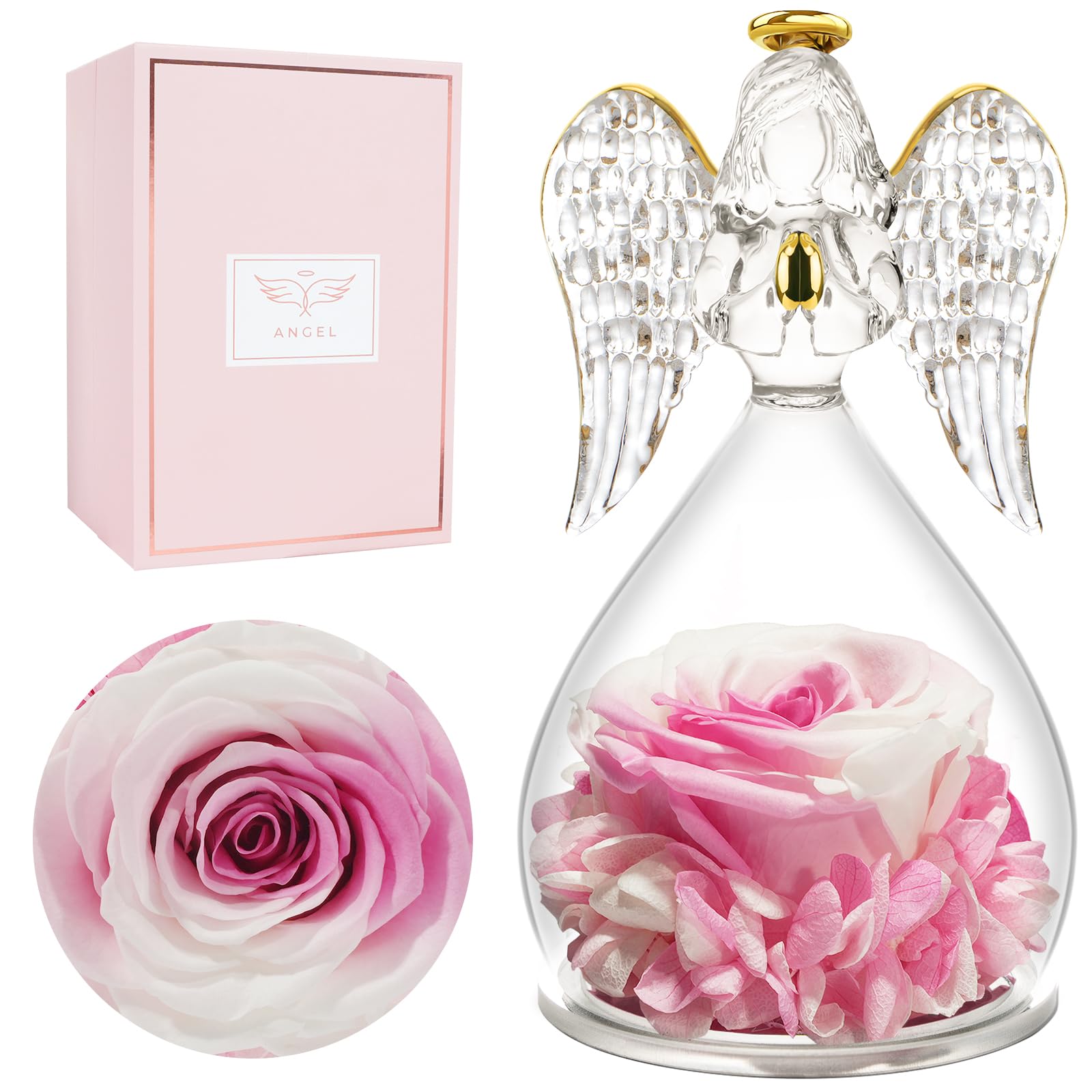 Miofula Gifts for Mom Birthday Gifts for Women, Preserved Flowers Rose in Glass Angel Figurines, Fresh Flowers for Delivery Anniversary Forever Real Roses Gifts for Mothers Grandma Her Wife Girlfriend