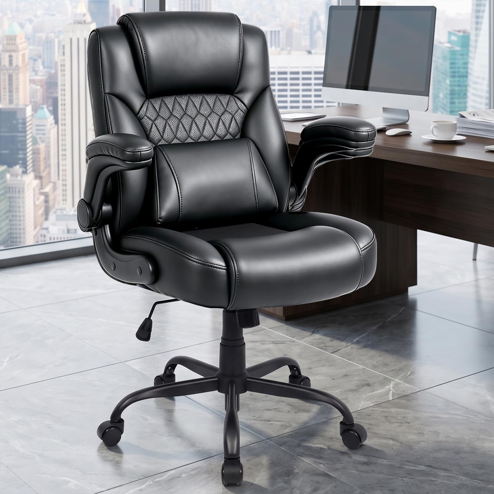 Home Office Chair with Lumbar Support, 5' Thickened Seat, Small PU Leather Rocking Desk Chair