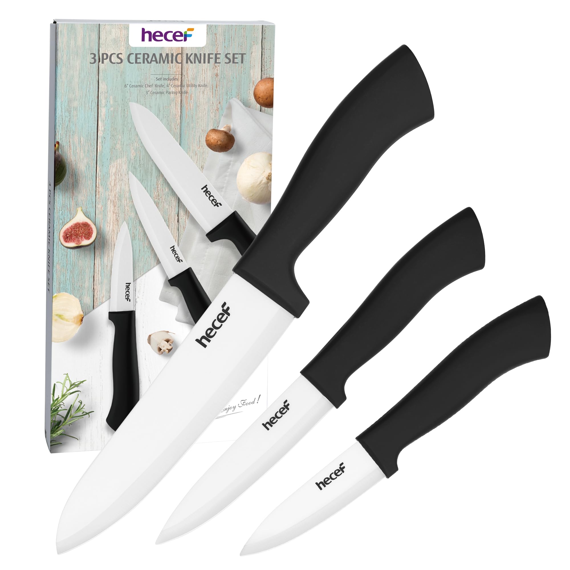 hecef Juego de Cuchillos de Cerámica 3 Piezas Chef Fruta Pelador Mango Antideslizante Blanco