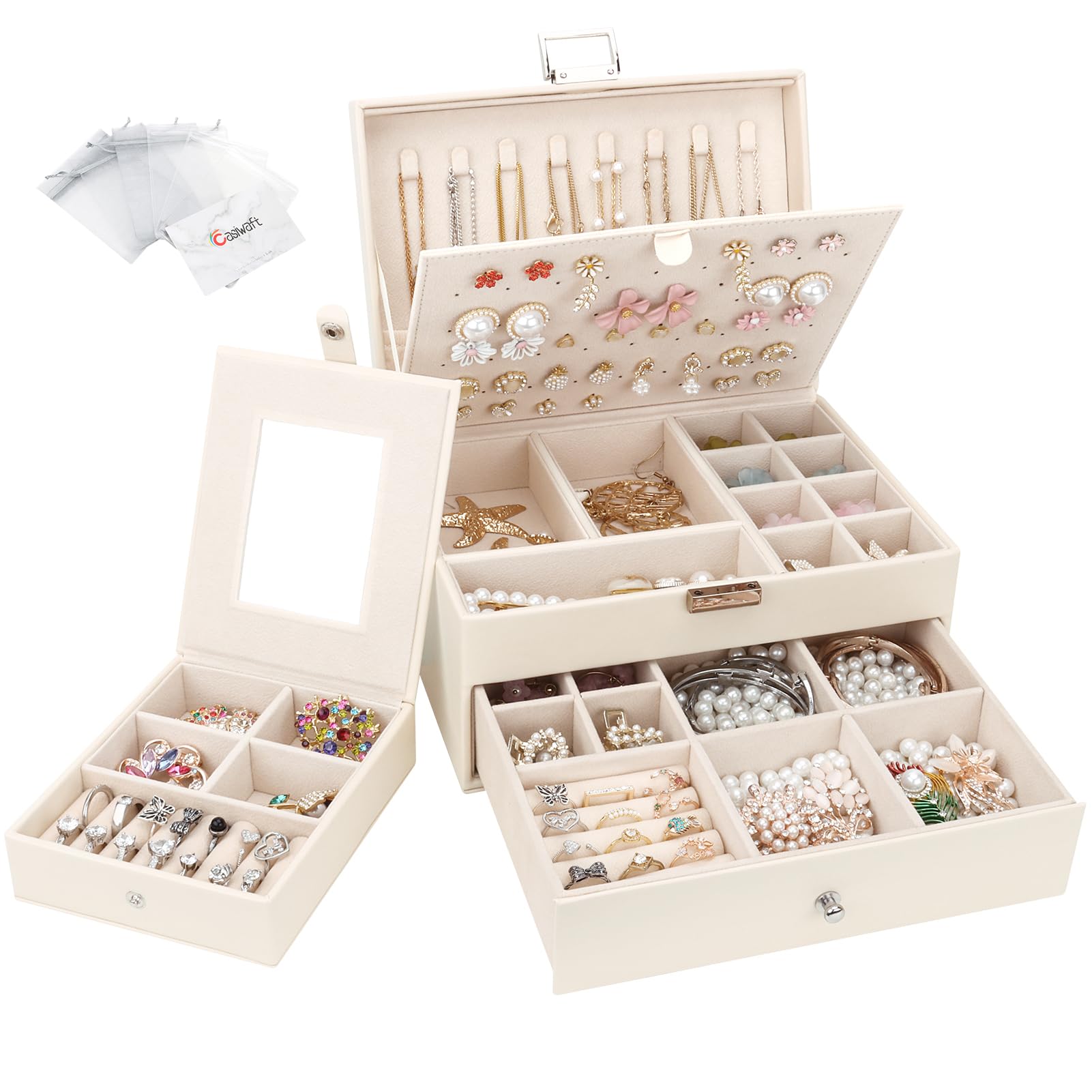 Boîte à bijoux en cuir beige grand volume coffret de rangement