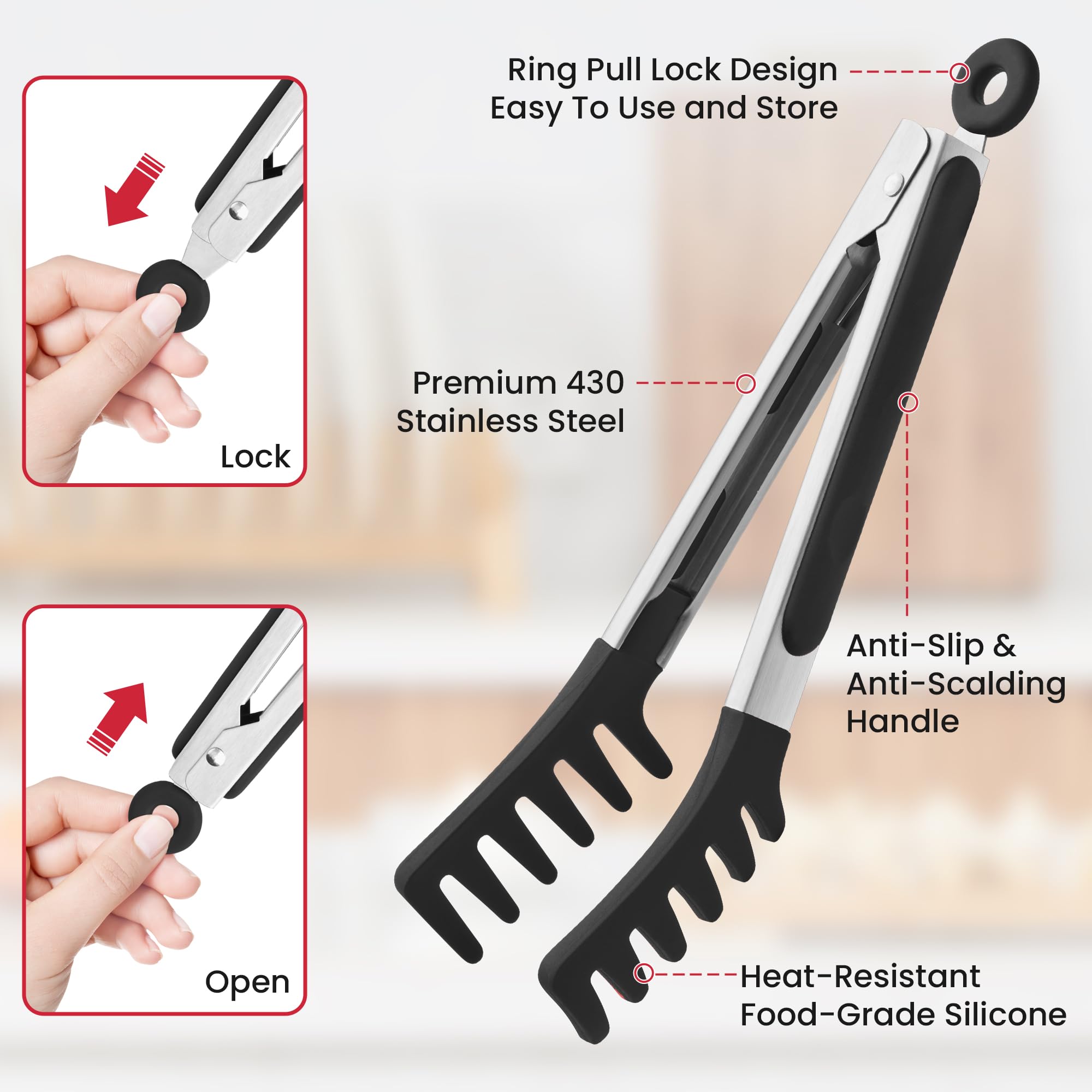 Pinze da cucina in silicone da 22,9 cm, manico in acciaio inox con facile presa e sistema di lucchetto intelligente, punta curva in silicone per una presa forte, pratica pinza per barbecue