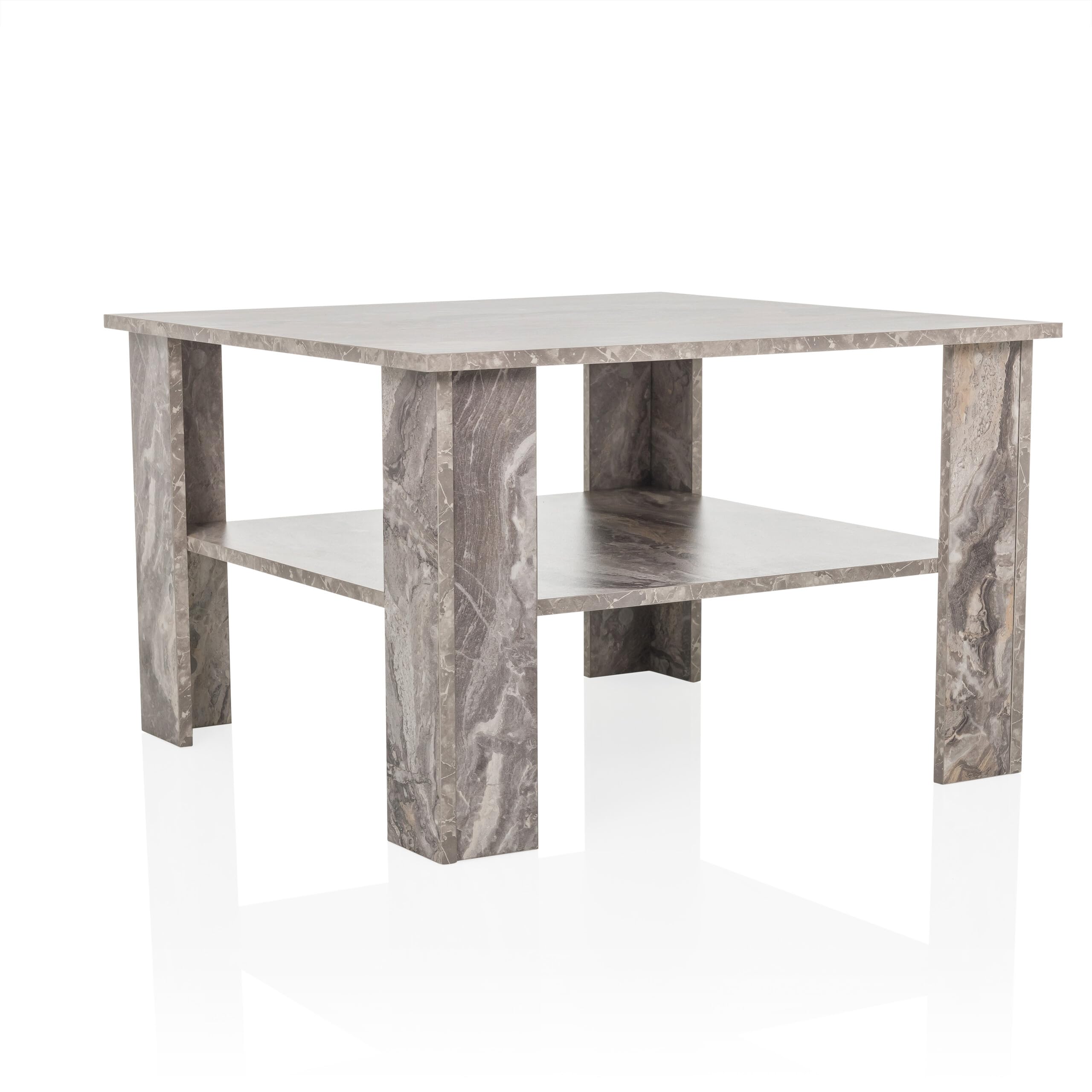 Couchtisch in Marmor-Optik 70x70 cm BISMO Wohnzimmertisch mit zusätzlicher Ablagefläche, Moderner Beistelltisch Quadratisch, Grau