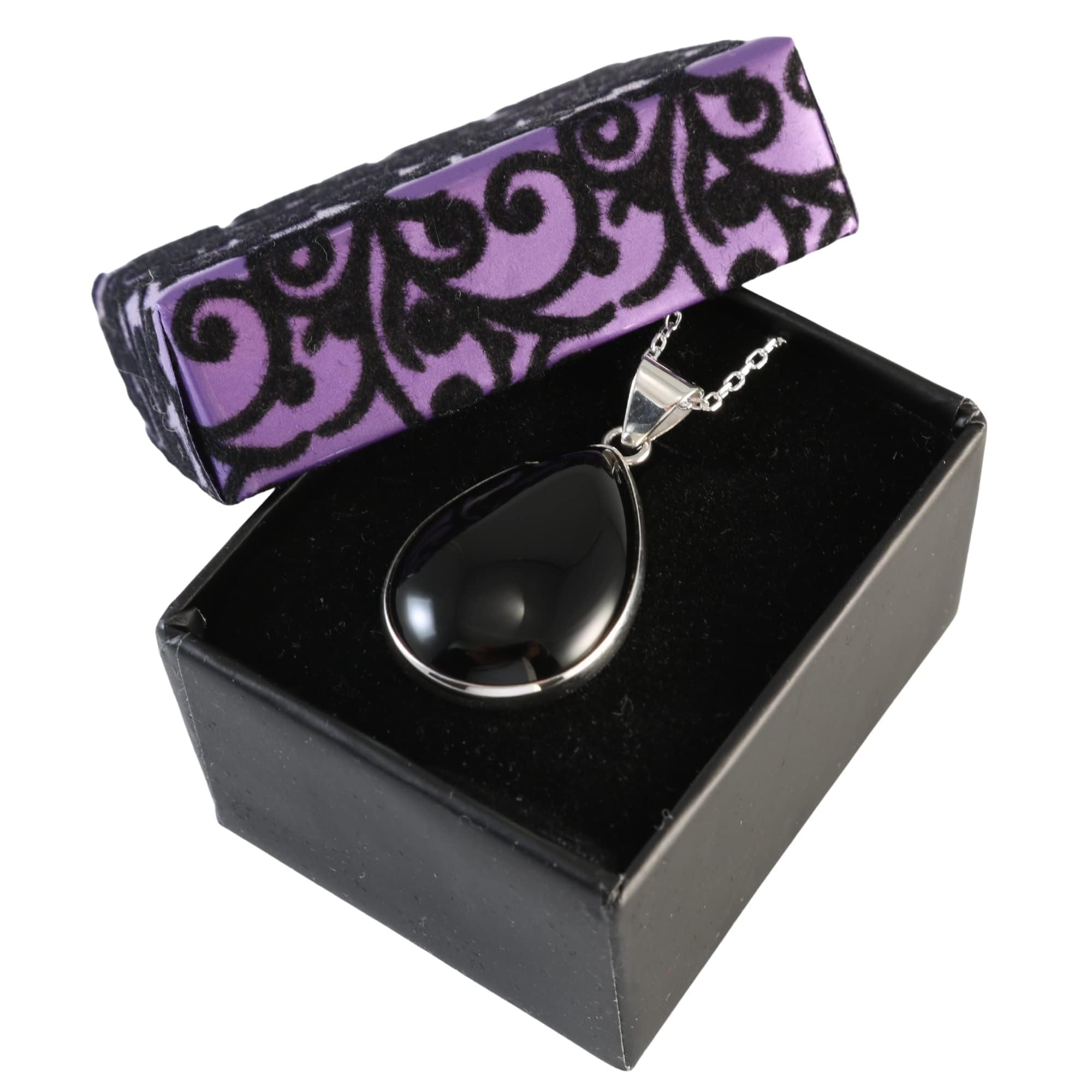 Handgefertigtes Sterling Silber 925 Schwarzer Onyx Tropfenförmiger Anhänger 18x25mm Halskette mit 45+5cm Kette