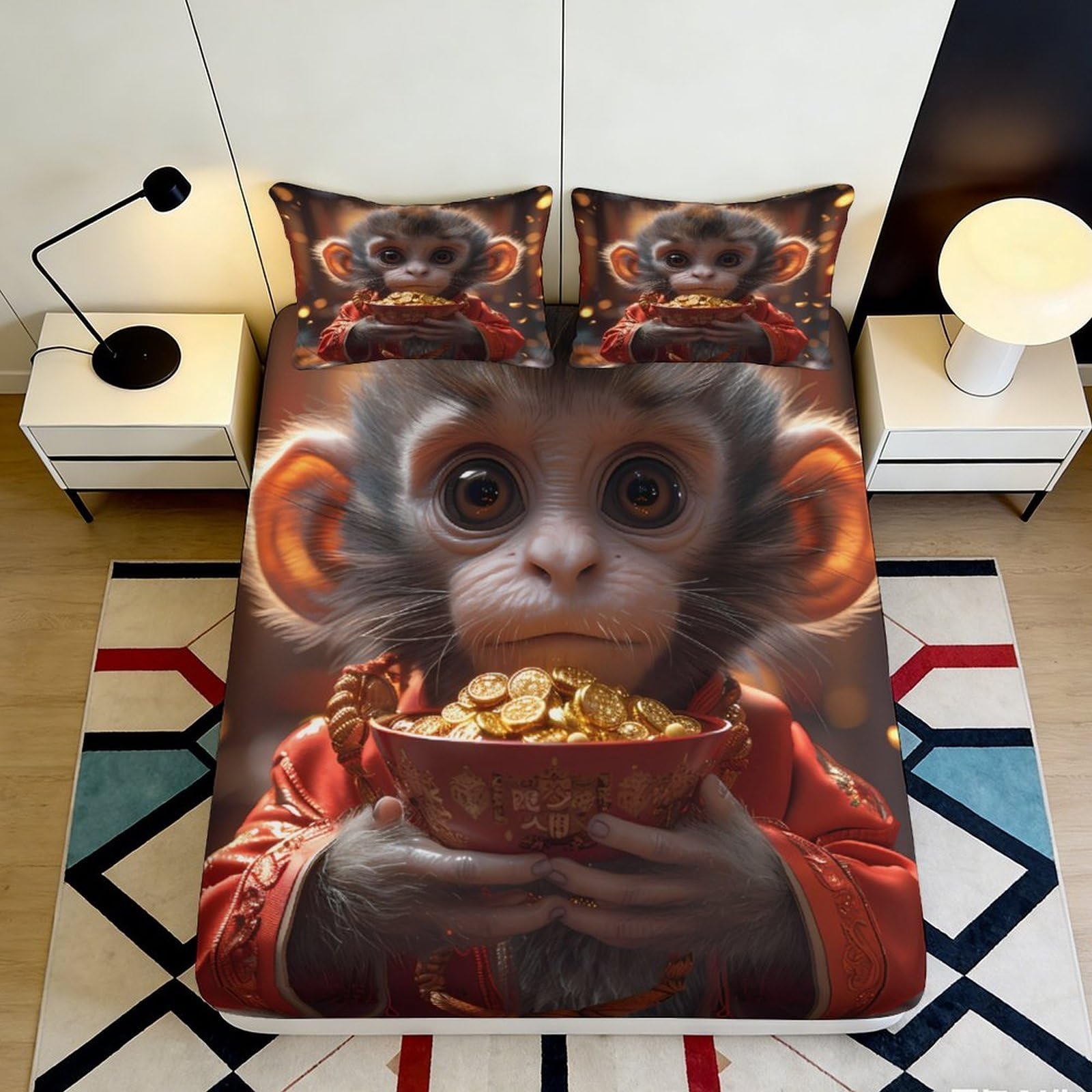 3D Printed Cartoon Monkey Fitted Sheet Microfiber Deep Pocket Monkey Non-Slip Mattress Fitted Cover for Bedroom Bedding 160x200x25cm