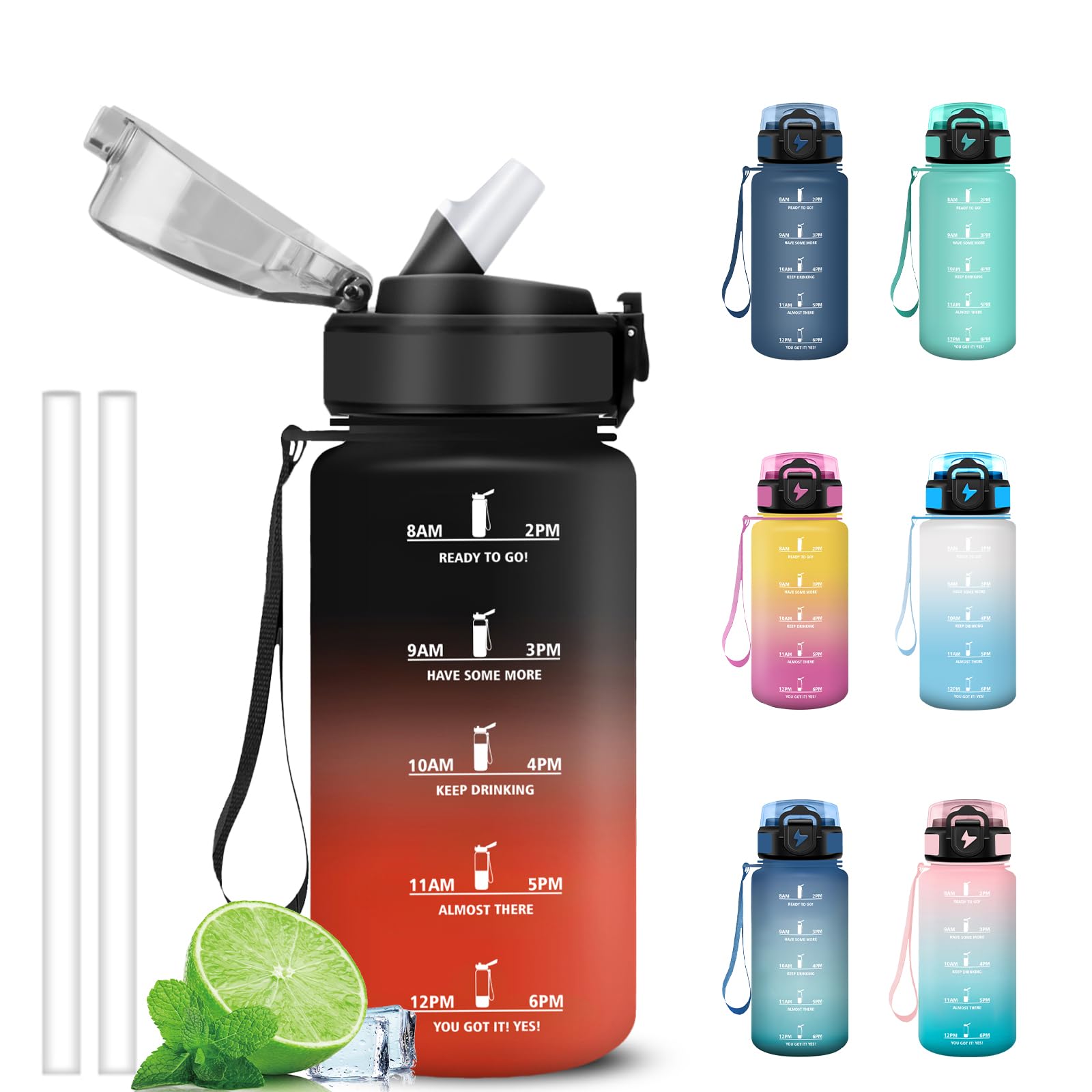 Grsta Borraccia 500ml, Borraccia Bambino con Cannuccia, Facile da Pulire, Bottiglia Motivazionale con Indicatore del Tempo, A Prova di Perdite Borracce per Scuola, Trekking, Outdoor