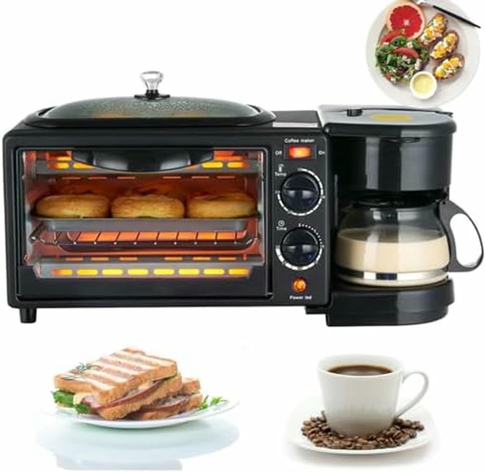 Versatile Macchina per La Colazione 3 in 1, con Macchina per Il caffè E Padella Antiaderente, Tostapane, Timer da 30 Minuti, per Cucinare in Modo Efficiente in Appartamenti E Angoli Cottura