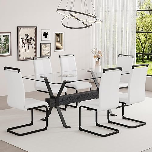 Miniatura 2 de Juego de mesa de comedor de cristal de 71 pulgadas para 6 personas | Juego de mesa de comedor moderno para 6 con sillas de piel sintética | Mesa de