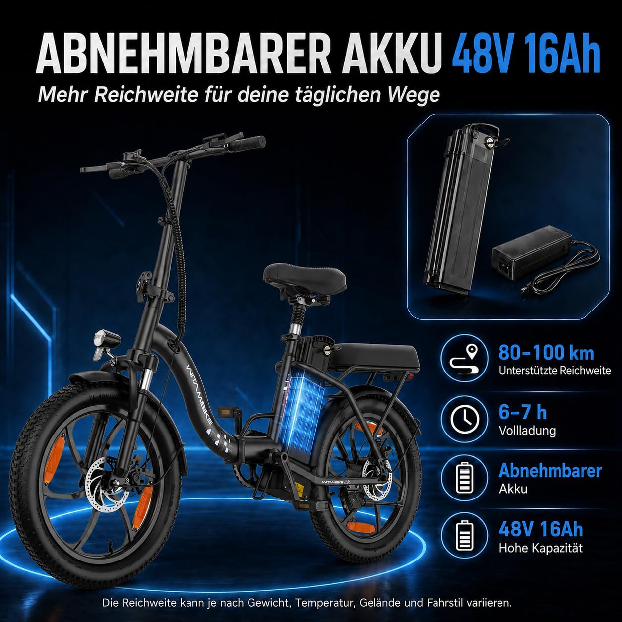 WITAMBIKE C16 E Bike Klapprad 20 Zoll für Herren Damen, 250W Pedelec, 48V 16Ah Akku bis 100 km, Fatbike Elektrofahrrad für Pendeln und Reisen, 7-Gang, Federgabel, Scheibenbremsen