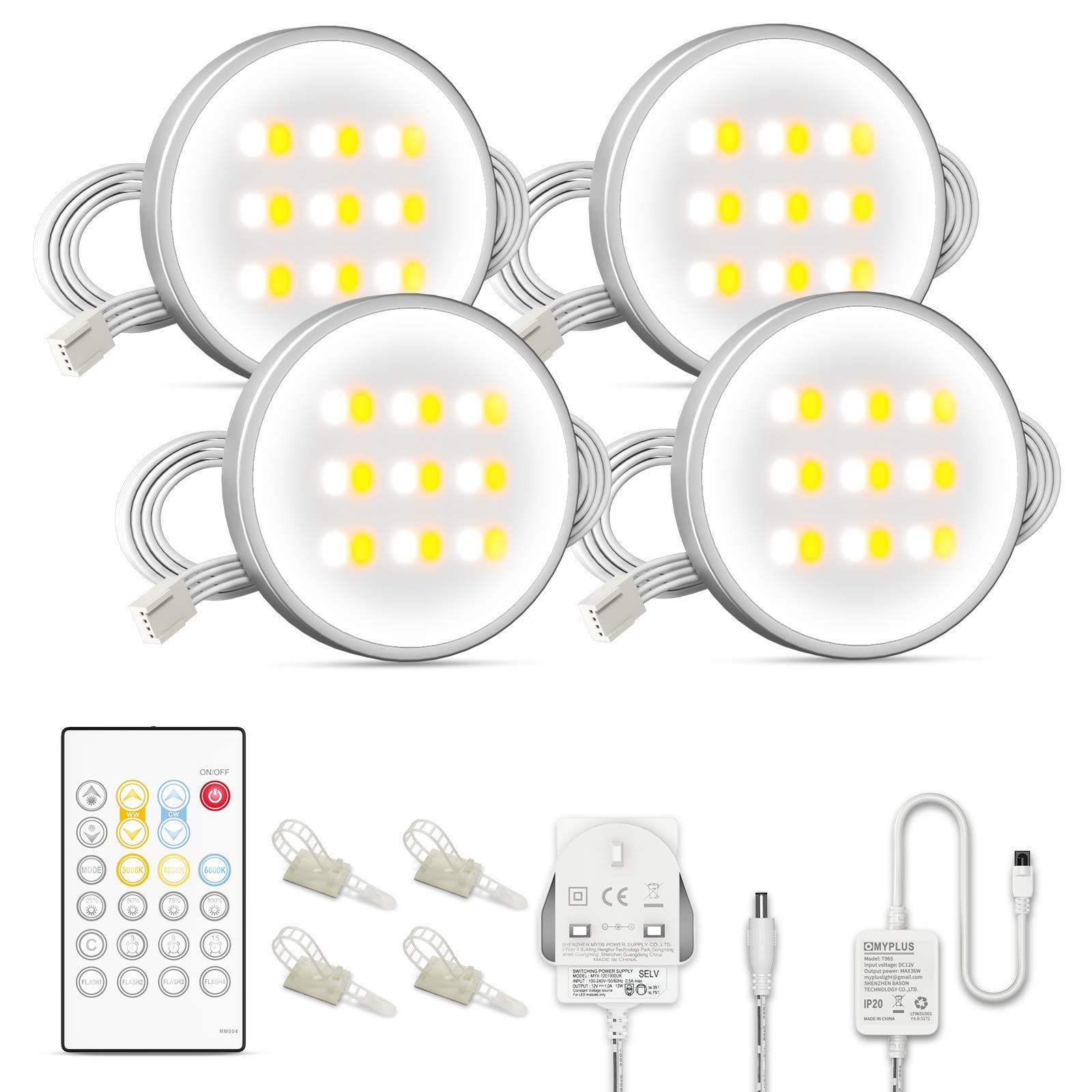 MYPLUS White Led Under Cabinet Lighting, 4 Packs Puck Lights with Remote Controller,Dimmable,Timed,Warm and Daylight Changeable, Led Counter Light for Kitchen Cabinet,Counter,Shelf