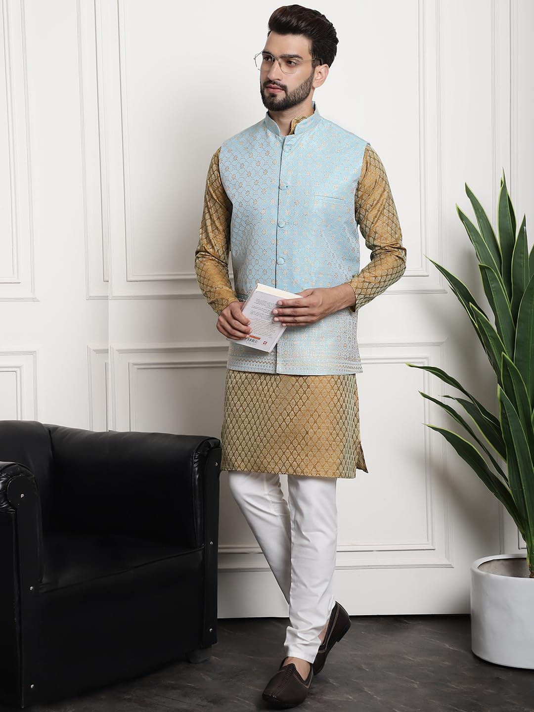 Sojanya (Since 1958 Men's Jacquard Silk Mustard Kurta And Off-White Pyjama With Blue Nehru Jacket