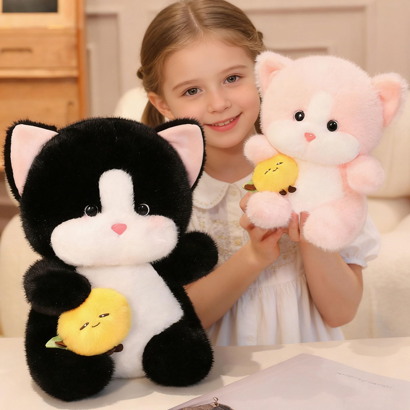 Peluche, Lindo Juguete de Peluche Gato con Caqui, compañero Abrazo Suave, Gatito Kawaii for niños niñas Regalos cumpleaños(Pink,45cm)