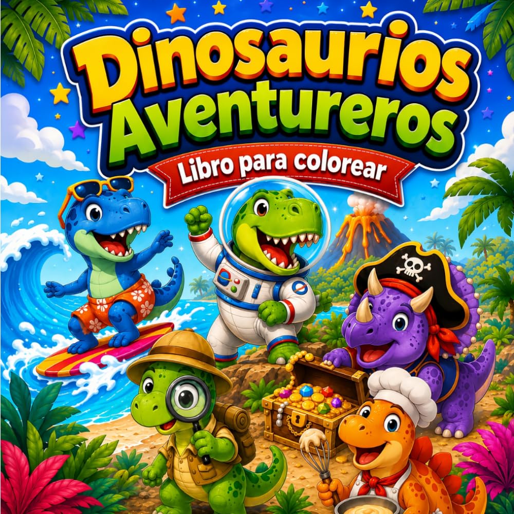 Dinosaurios Aventureros: Libro para colorear para niños de 5 a 10 años con 70 páginas, más de 60 imágenes, actividades y certificado jurásico