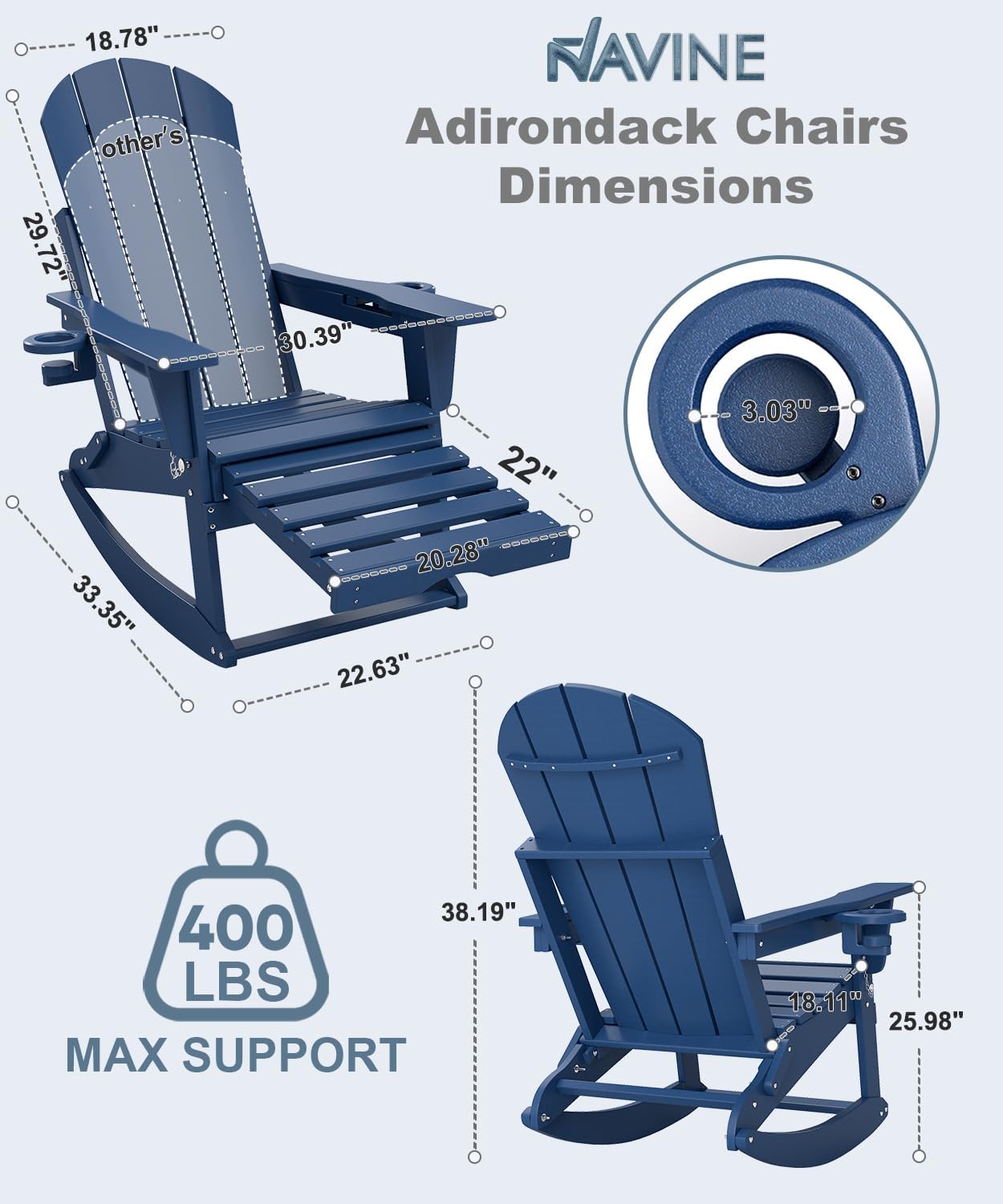NAVINE Adirondack Rocking Chairs Set of 2 with Retractable Ottoman, All Weather Folding Adirondack Chair with Two Cup Holders, Adirondack Outdoor Rocking Chairs for Porch, Patio, Balcony. Navy Blue