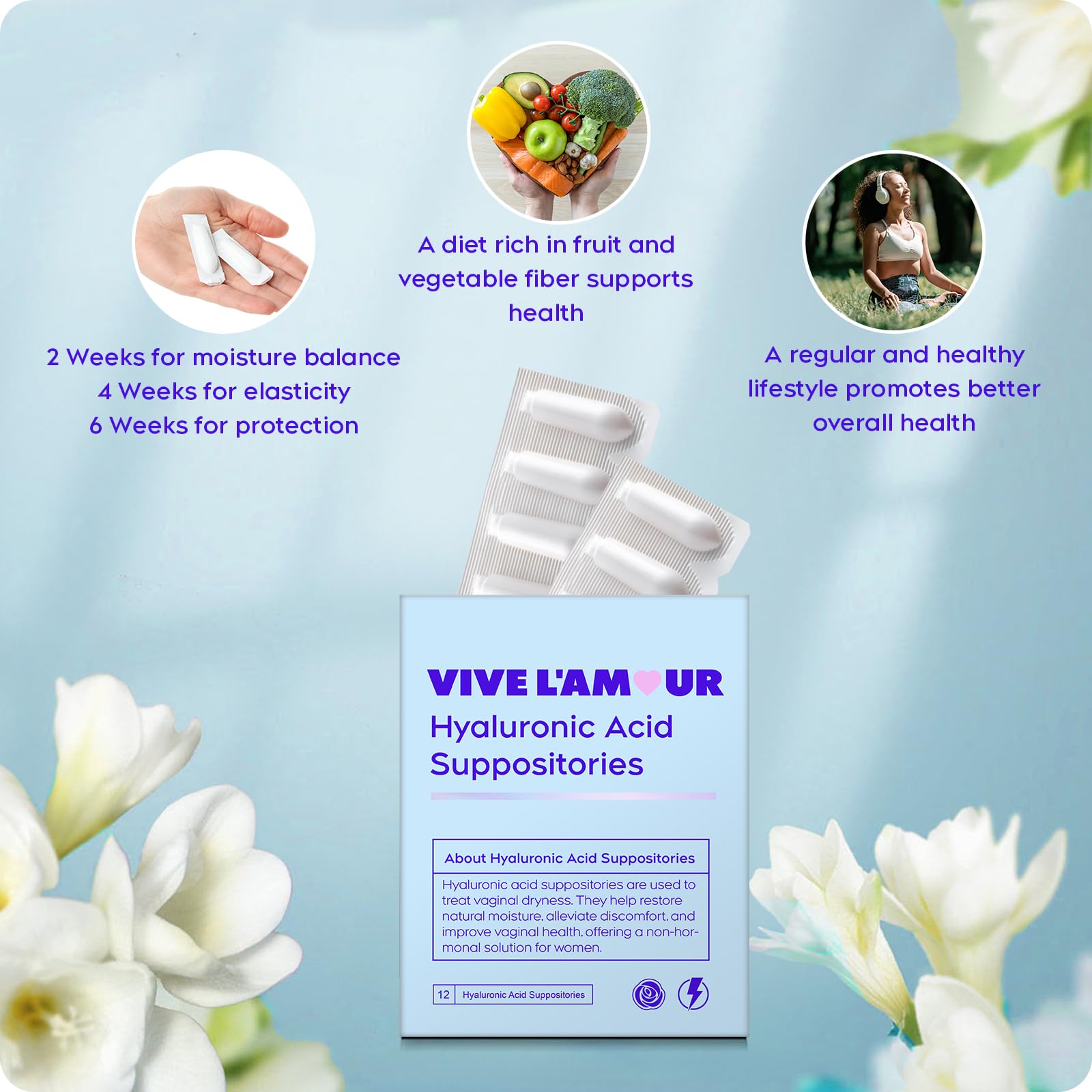 Vive L'Amour 15mg Hyaluronic Acid Vaginal Suppositories, Vaginal Moisturizer, Continuous Hydration, Relieves Vaginal Dryness, Restores Natural Softness & Elasticity, Vaginal Health (12 Inserts)