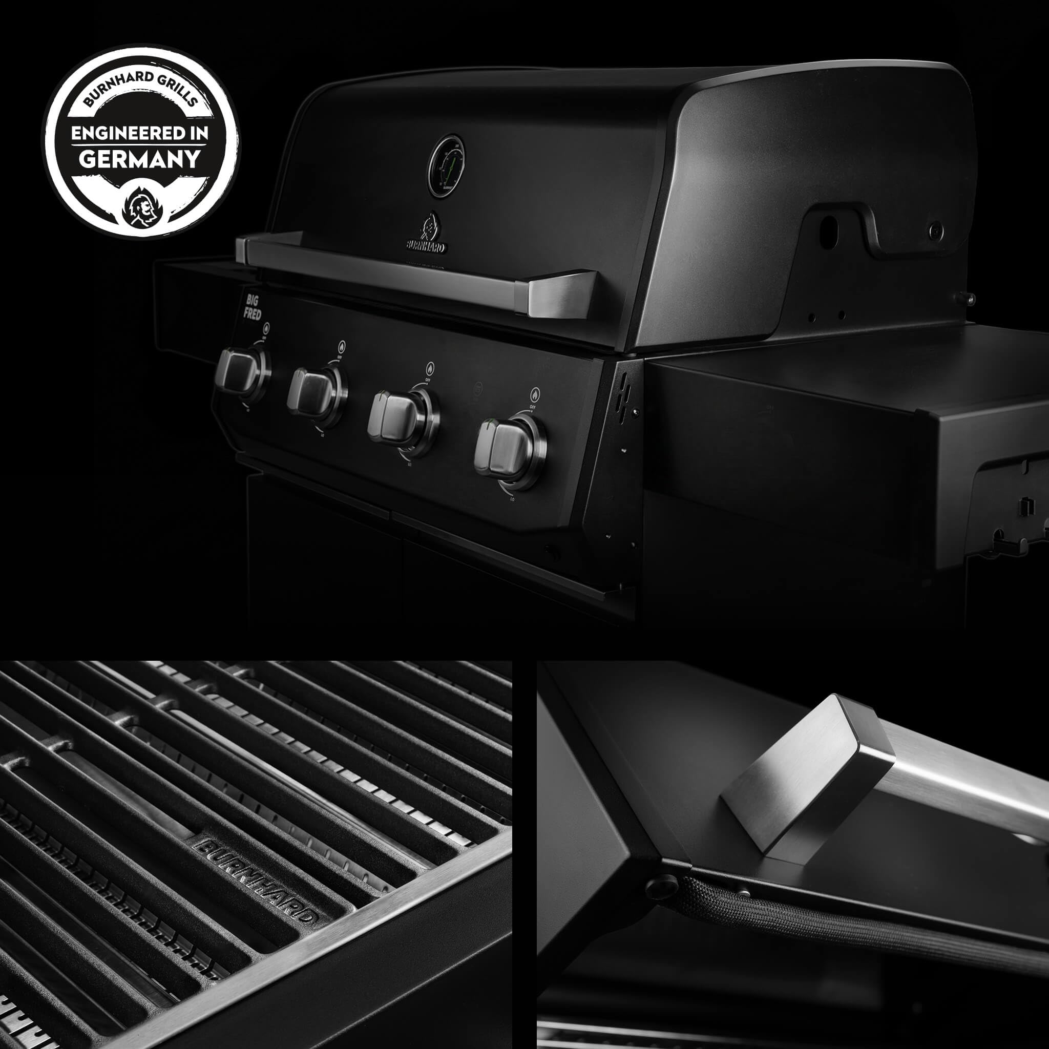 BURNHARD® Gasgrill 4-Brenner, 15 kW, 4 Edelstahlbrenner, Piezo-Zündung, große Grillfläche 70x41,5 cm, Gussrost, für bis zu 15 Personen, Outdoor BBQ – Big FRED Base