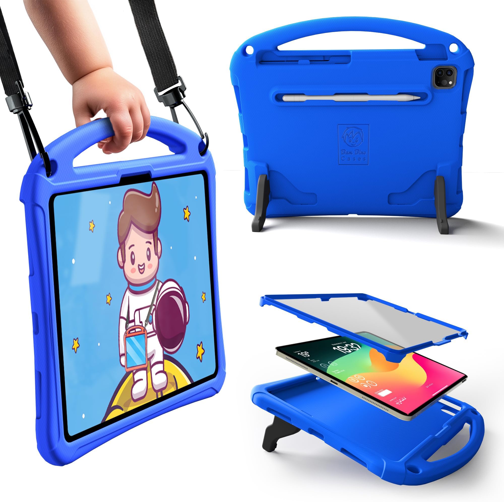 Bam Bino Space Suit Kids Case for iPad Pro 12.9" 3rd/4th/5th/6th Generation (2018-2022) Models [Not for iPad Pro 12.9 1st/2nd Gen] Screen Guard, Handle, Shoulder Strap, Pencil Holder (Galactic Blue)