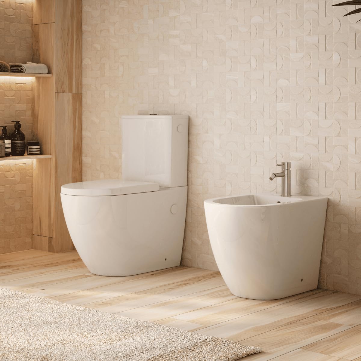 Wc Inodoro Completo Compacto Adosado a Pared Redondo con Sistema Rimless | Wc Completo con Salida Dual y Asiento Amortiguado + Bide