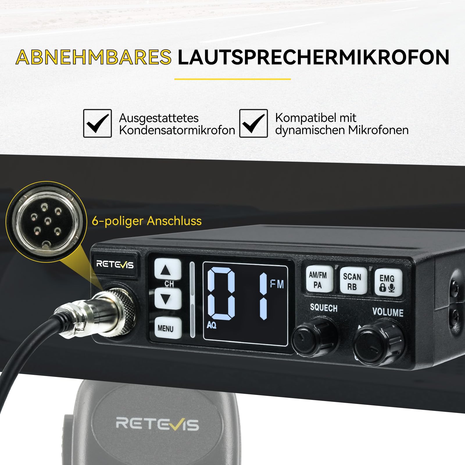 Retevis MB63 CB Funkgerät mit Antenne, CB Funk mit AM/FM 40 Kanäle
