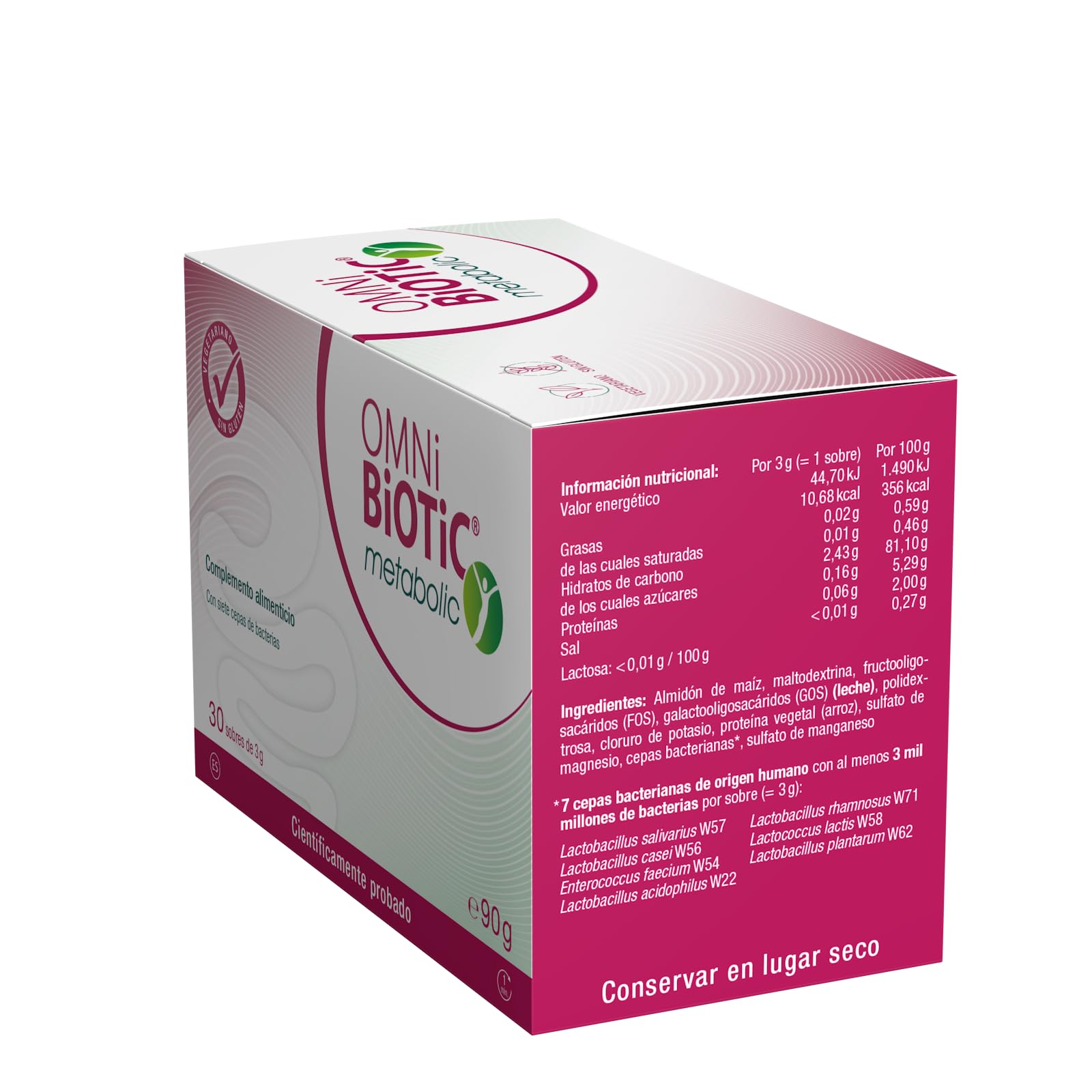 OMNi BiOTiC metabolic | 30 sobres (90 g) | Probiótico | 7 cepas bacterianas | 3 mil millones de bacterias por dosis diaria | Polvo | Sin gluten | Sin lactosa | Para uso diario