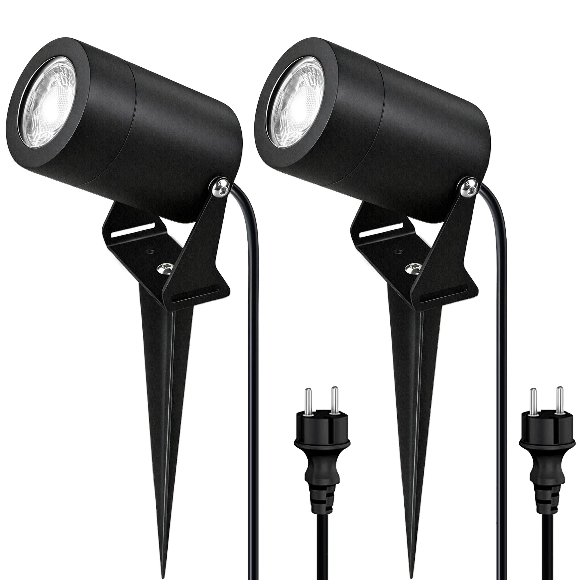 JNR Reflektor ogrodowy LED ze stali nierdzewnej, wodoszczelny, IP65, wodoszczelny, 5 W, GU10, 3000 K, ciepła biel, kabel 2 m z wtyczką, oświetlenie ogrodowe (2, czarne)