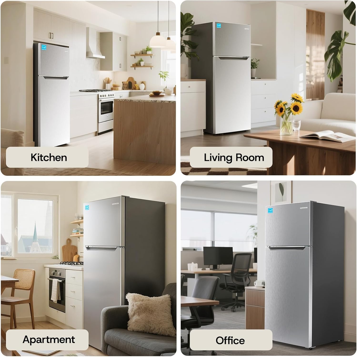 Upstreman 14.6 Cu.Ft. Refrigerator with Top Freezer, 2 Door Fridge with Electronic Thermostat, ENERGY STAR, Low Noise, Frost Free Top Freezer Refrigerator, Reversible Door, Stainless Steel-BD146