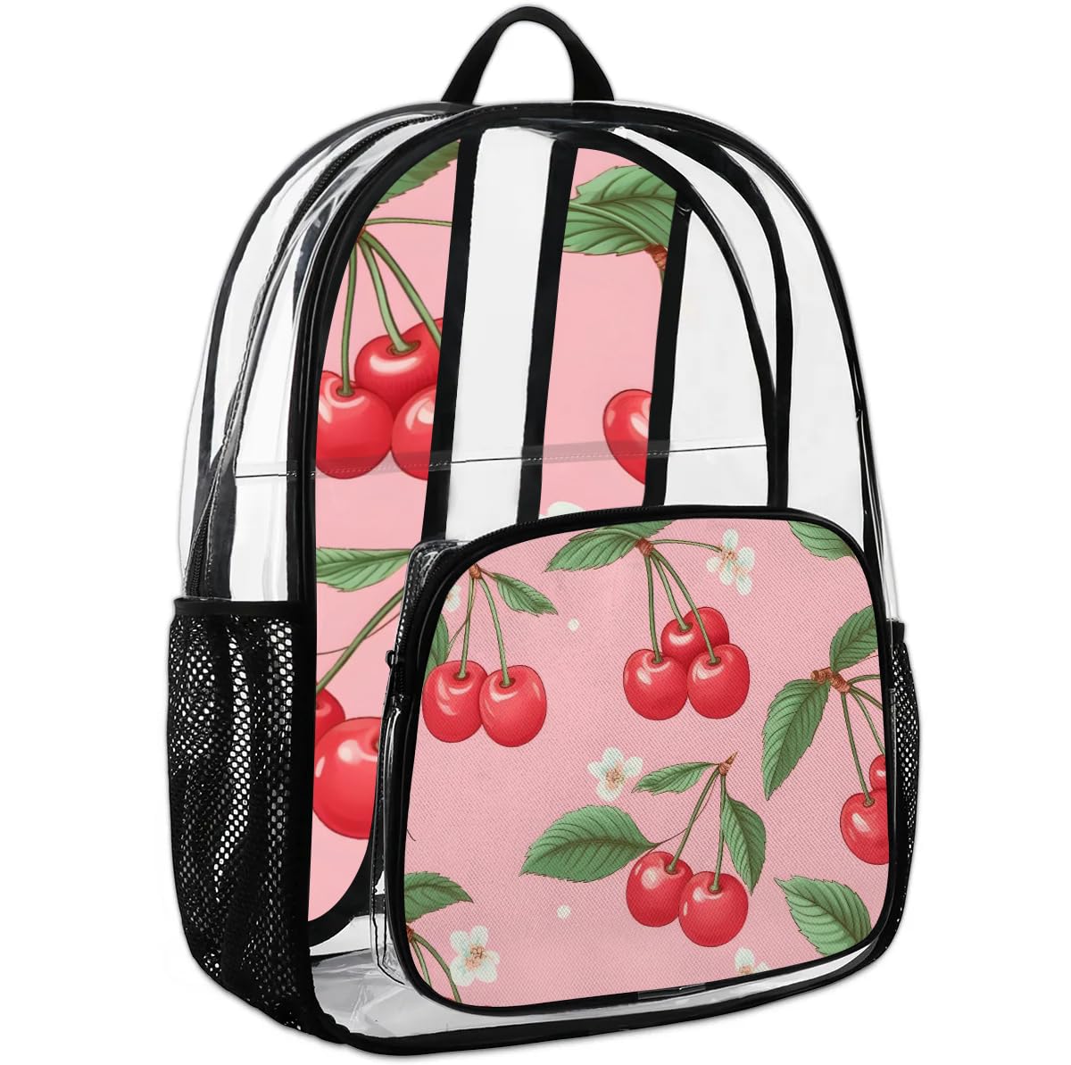Shoblo Cherries Clear Backpack Stadium Approved Heavy-Duty See Through Bag Waterproof Clear Backpack for Concerts Work Sports & Events Large Capacity