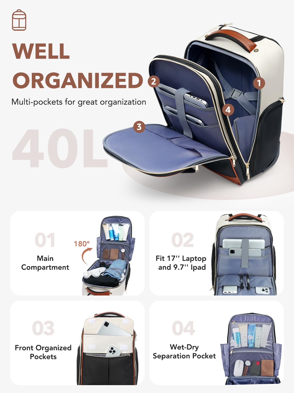 Mochila enrollable para mujer de 17 pulgadas, mochila con ruedas, bolsa de mano Underseat tamaño L, 46 x 32 x 18 cm, 2 en 1 con ruedas, maletín piloto 2 en 1, apertura de 180 grados