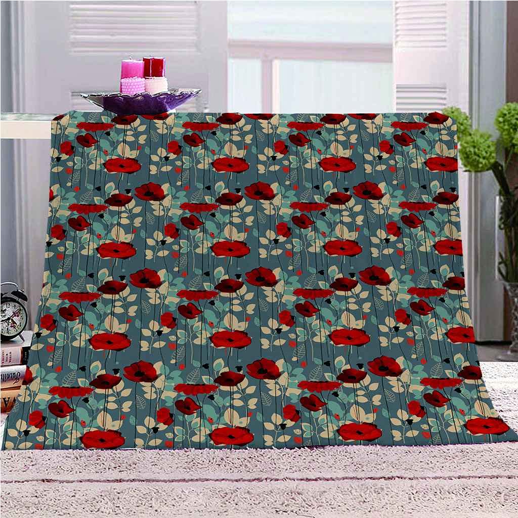 Couverture polaire en flanelle 150x200cm à motif fleurs rouges douce toutes saisons