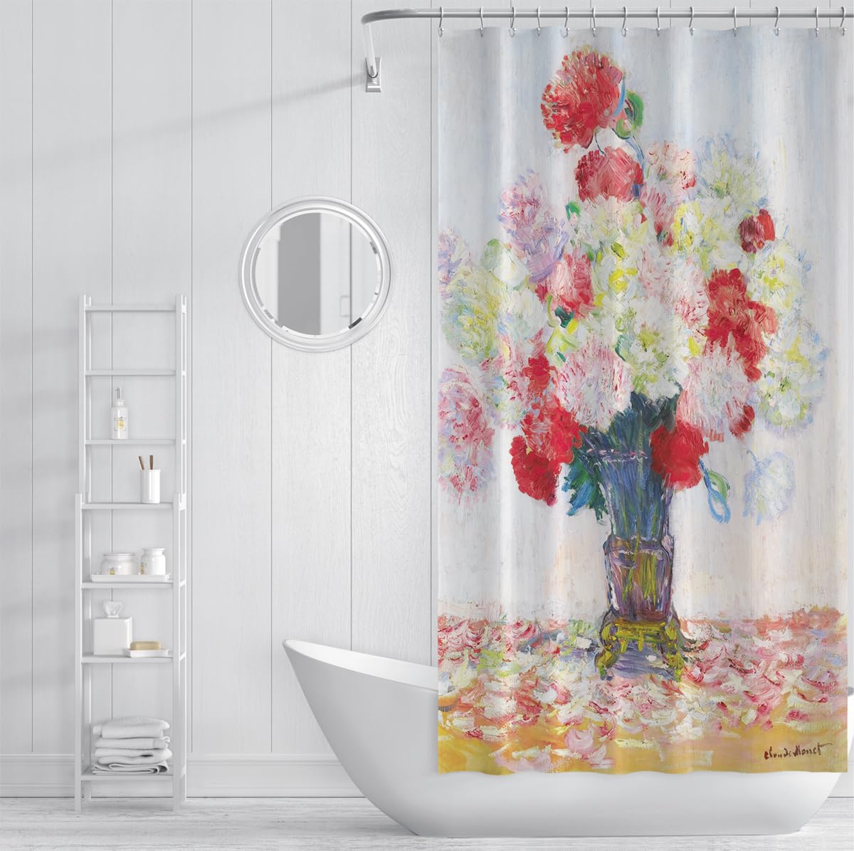 Stillleben Duschvorhang Vase mit Pfingstrosen Berühmte Gemälde Drucke Badevorhang Shabby Chic Badezimmerdekoration Pink und Weiß wasserdicht 200 x 220 cm