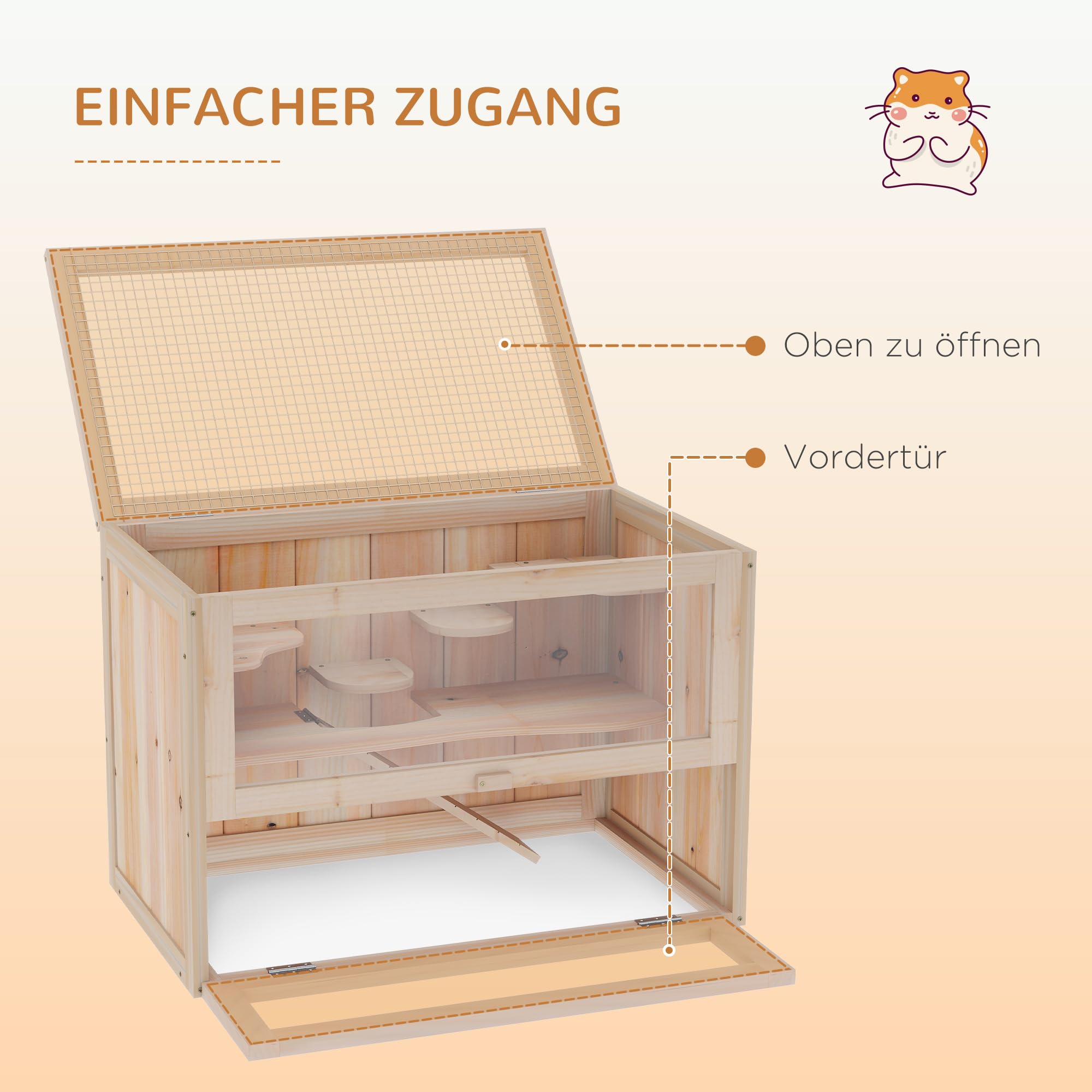 PawHut Hamsterkäfig aus Holz 2 Etagen 60 x 35 x 42 cm Nagerkäfig Kleintierkäfig mit aufklappbarem Gitterdach Trinkflasche Rampe Wippe Fütterungsstation Mäusekäfig für Zwerghamster Naturholz