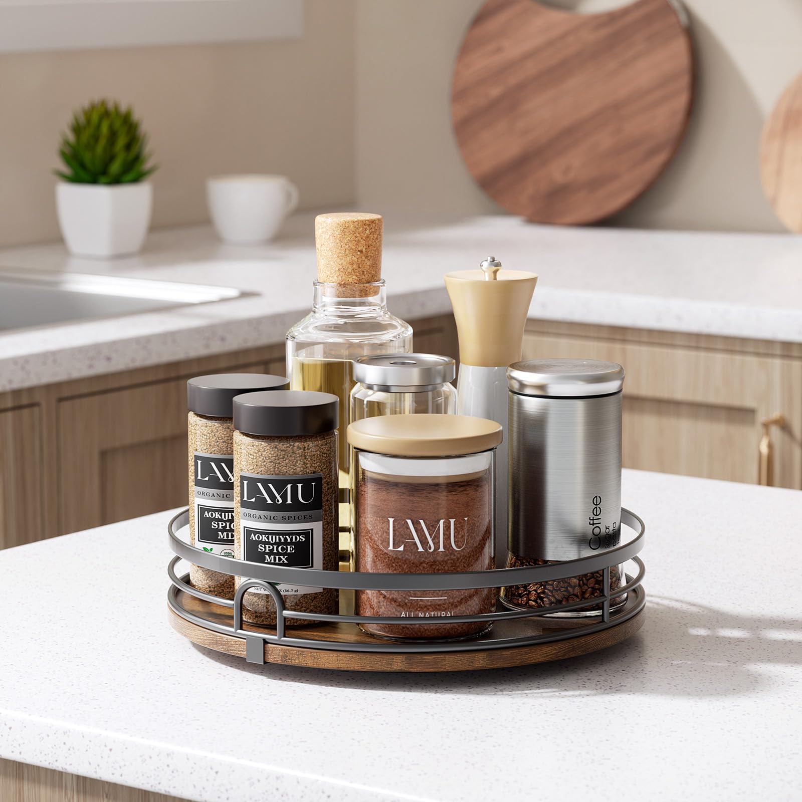 Lazy Susan - Organizador giratorio de 9 pulgadas para gabinete, redondo de madera Lazy Susan para mesa, encimera, cocina, despensa, especias, tocador de baño, decoración 4